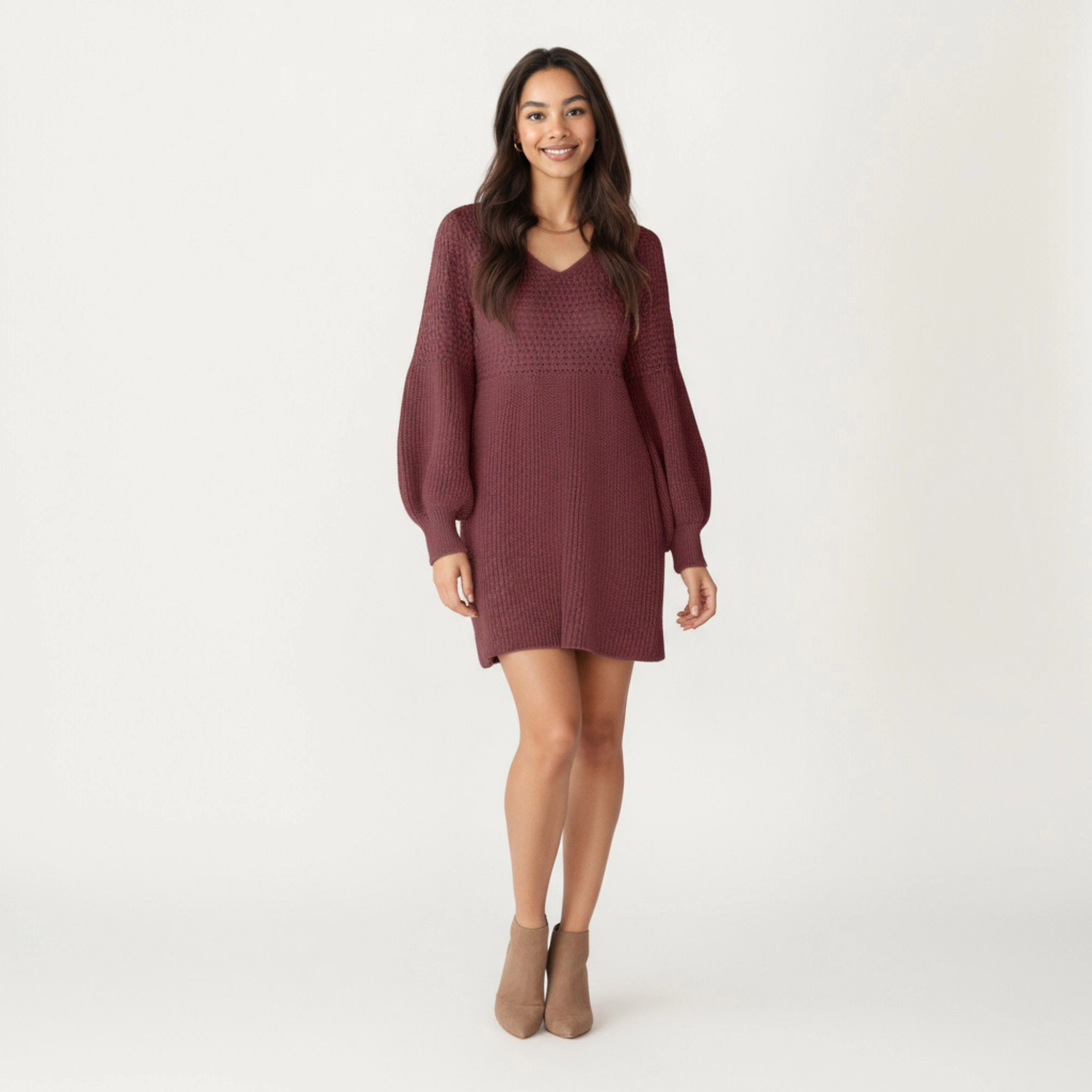Anna-Kaci Women's Long Sleeve Knit Textured Bodice Balloon Sleeves Sweater Dress