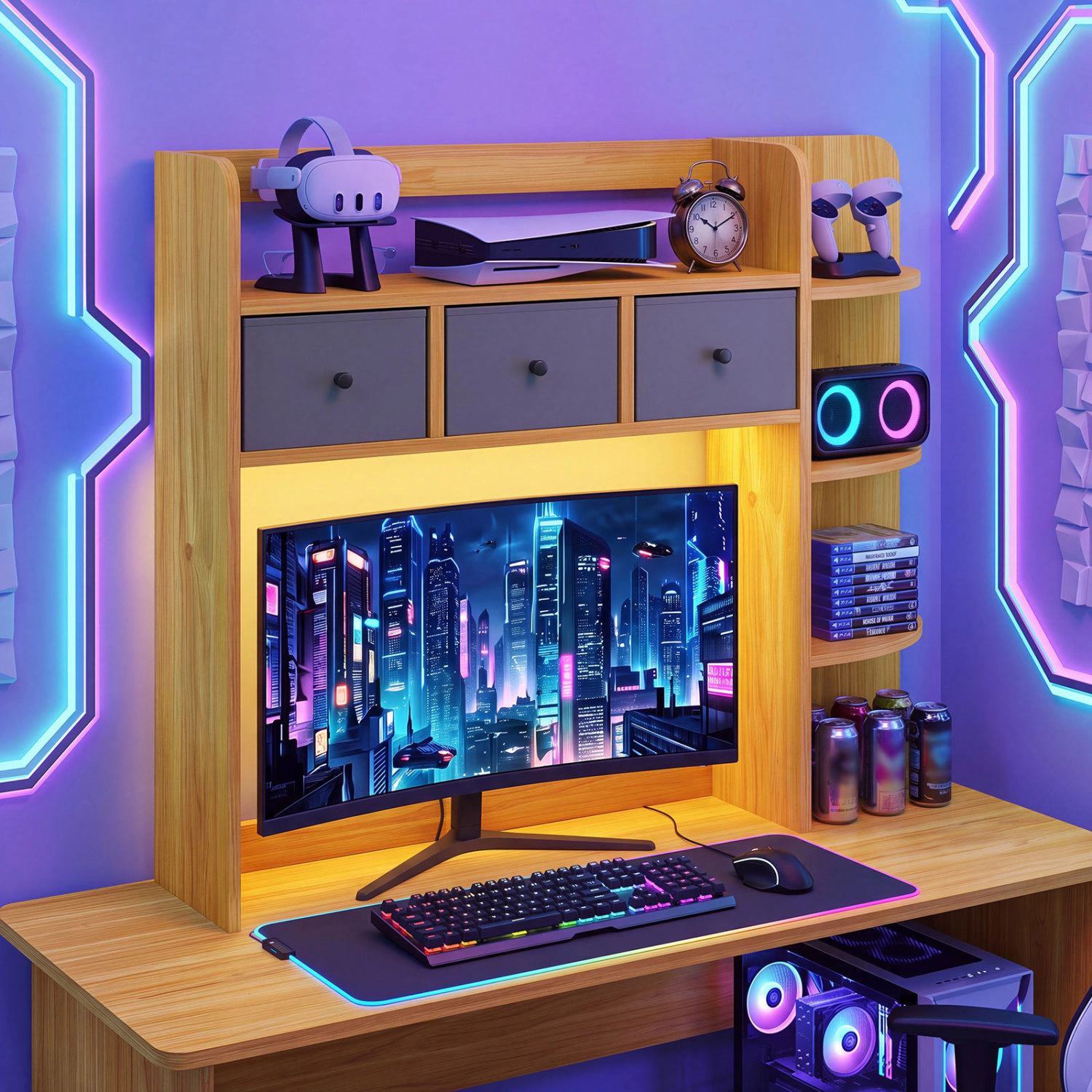 LJG Desktop Bookshelf with LED Lights 5-Tier Shelves and 3 Drawers for Home Officce