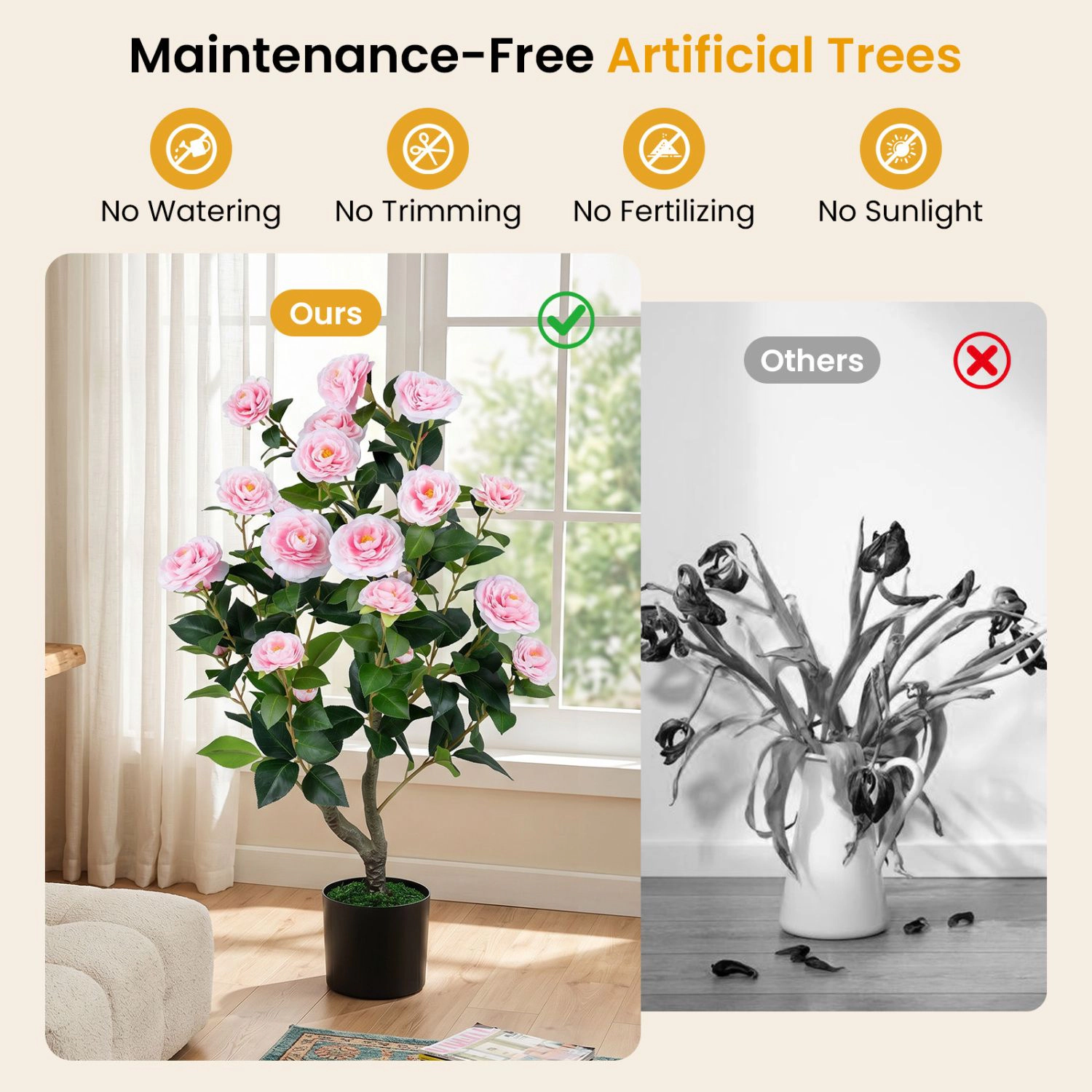 SlickBlue Artificial Camellia Tree with 24 Flowers and Decorative Pot