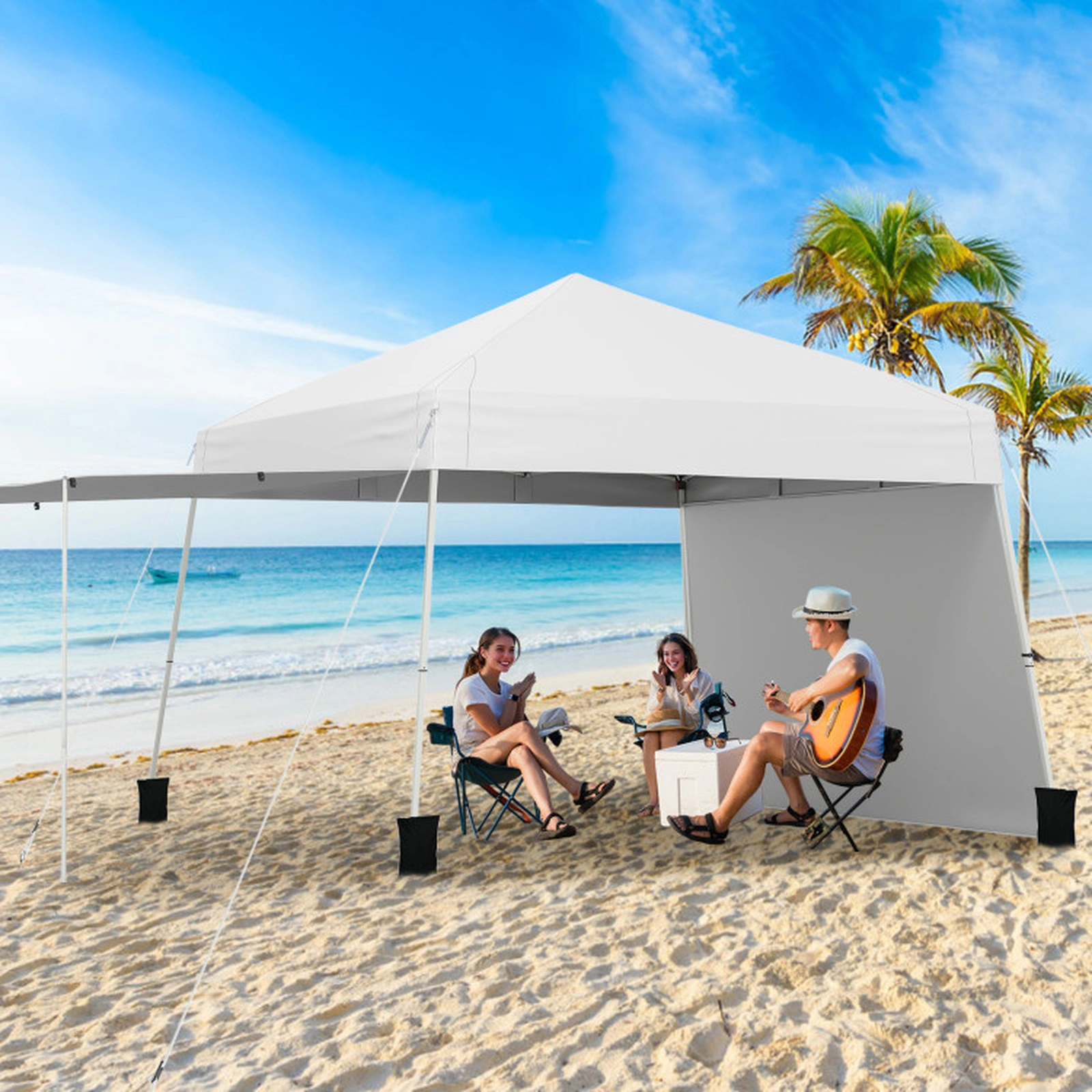 SUGIFT White Pop Up Canopy Tent with 2 Sidewalls Convertible to Awning and 8 Stakes 14-ft W 9.2-ft D 8.3-ft H