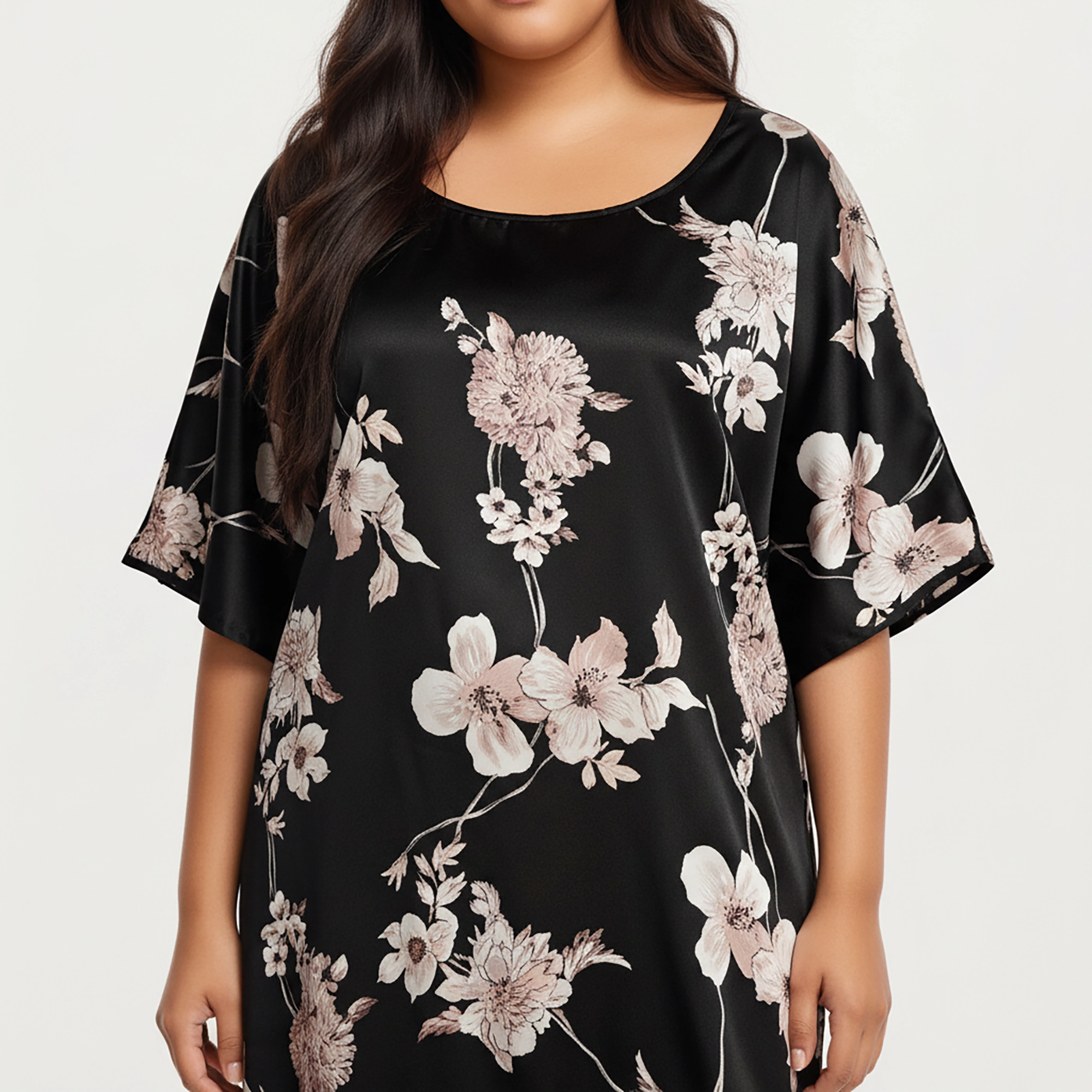 Anna-Kaci Women's Plus Satin Nightgown Allover Floral Print Relaxed Fit Scoop Neckline and Flowing Short Sleeves