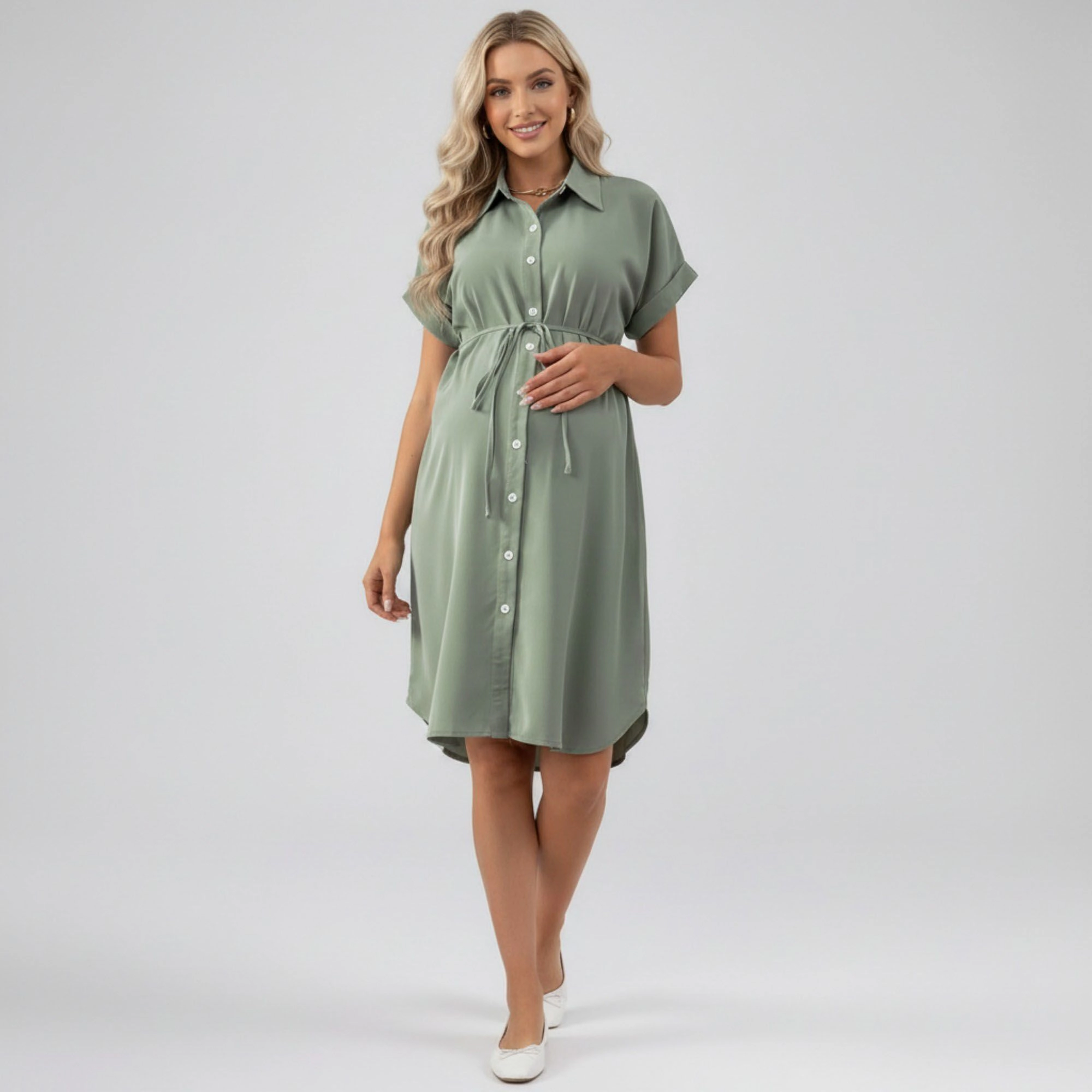Anna-Kaci Womens Maternity Button-Down Collared Midi Shirt Dress with Tie Waist