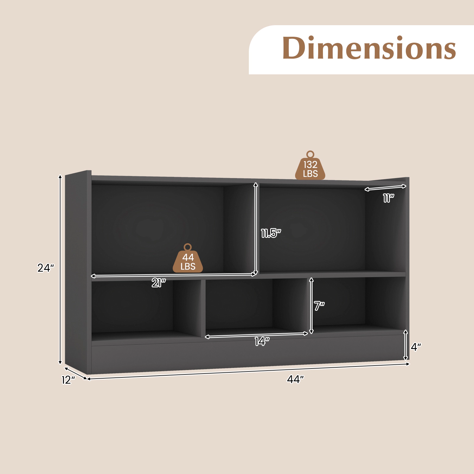 SUGIFT Kids 5-Cube 2-Shelf Wood Toy Storage Bookcase Organizer 44-in x 12-in x 24-in 132-lb Top Capacity Gray