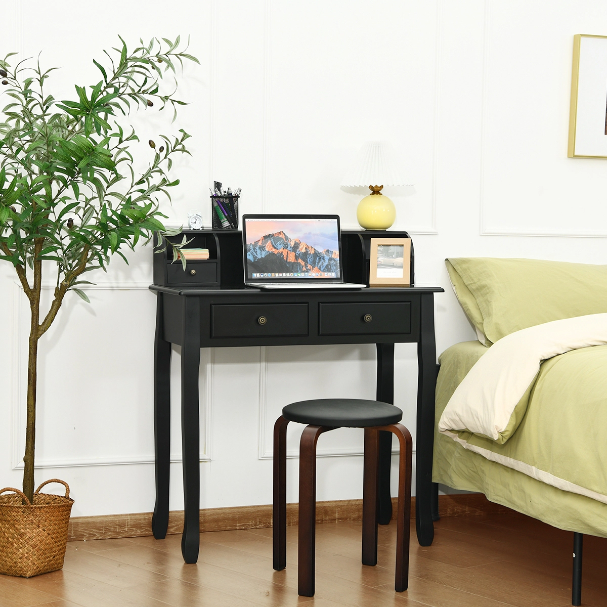 SUGIFT Black 2-Tier Vanity Writing Desk with 4 Drawers and Detachable Cabinet