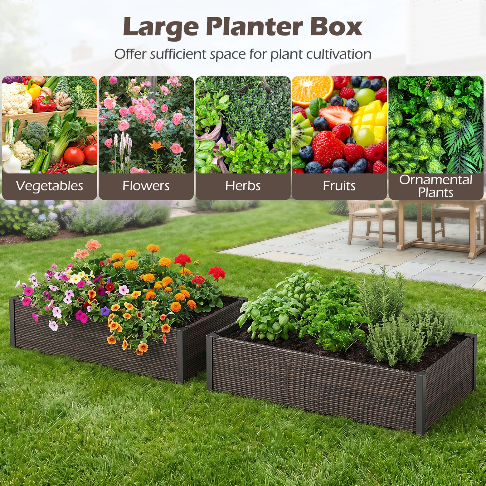 SUGIFT PE Rattan Elevated Raised Garden Bed Outdoor Planter with Open-Ended Base 132-lb Capacity Mixed Brown