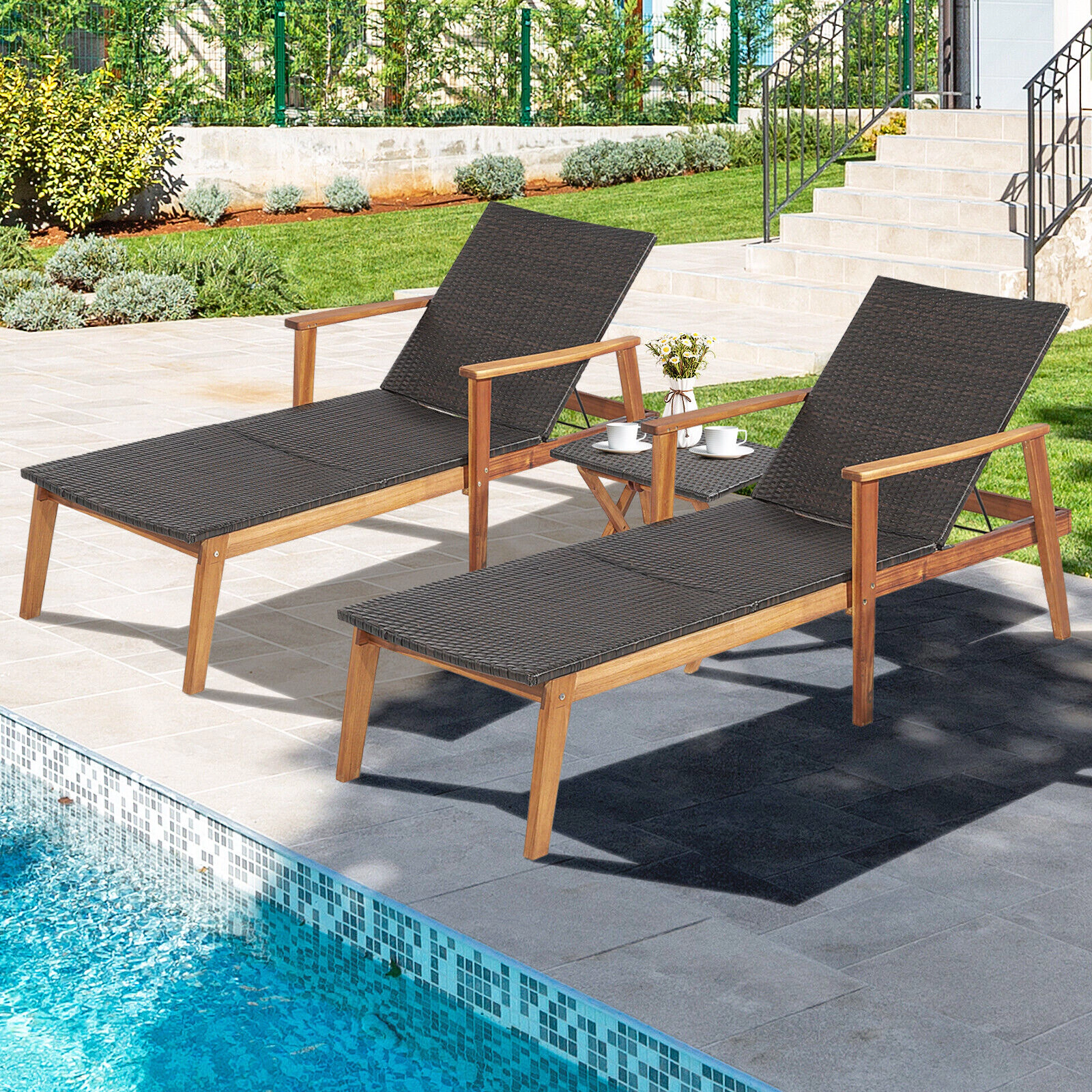 SUGIFT 4-Level Folding Side Table Acacia Wood PE Rattan Patio Chaise Lounge 79-in x 28-in 800-lb Capacity Brown
