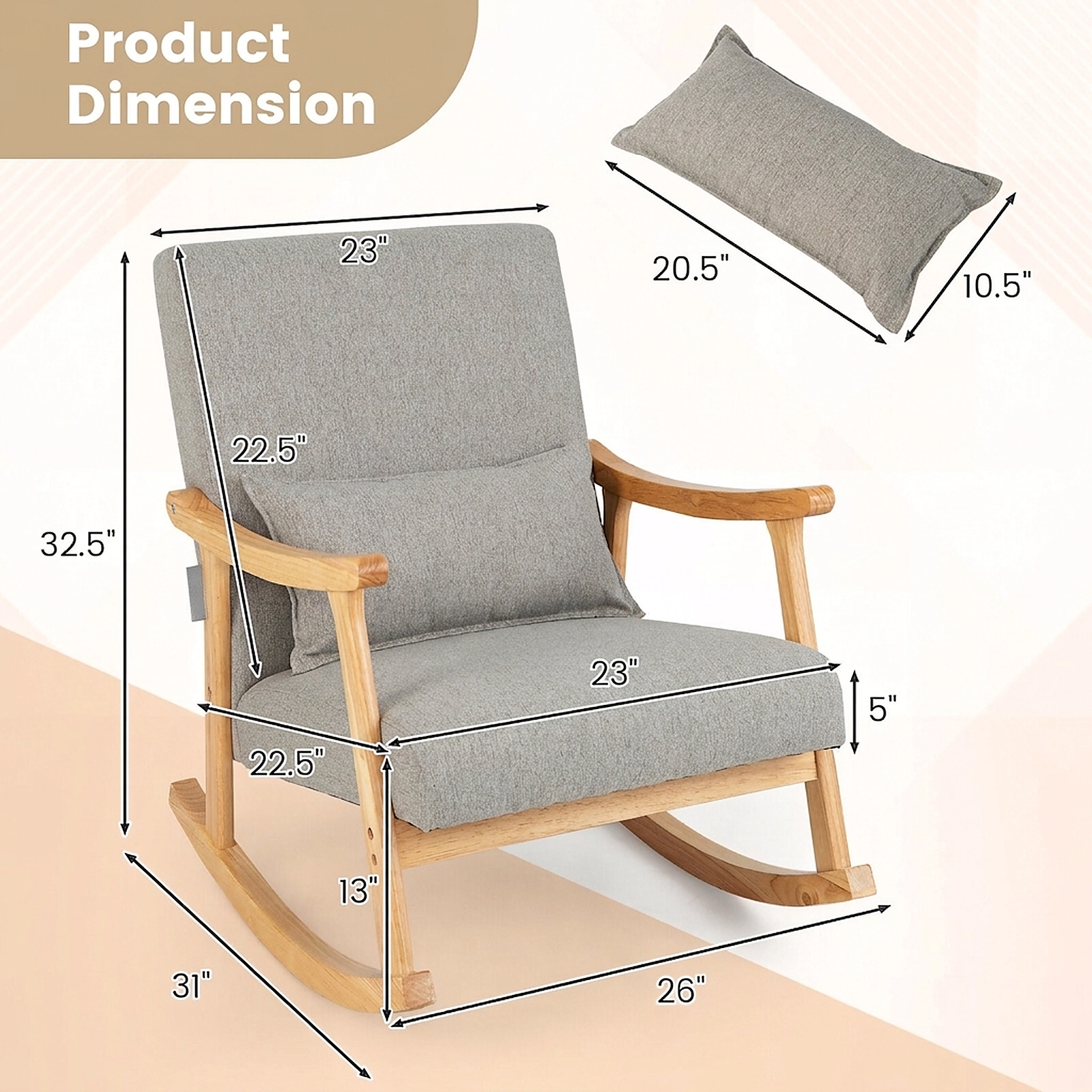 SUGIFT Gray Upholstered Rocking Chair with Lumbar Pillow, 5-Inch Cushion, Spring Seat, Rubber Wood Frame