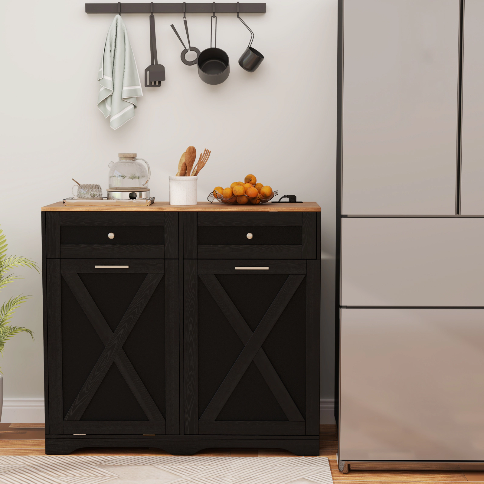 LJG Tilt Out Trash Can Cabinet with Outlets and Adjustable Shelf