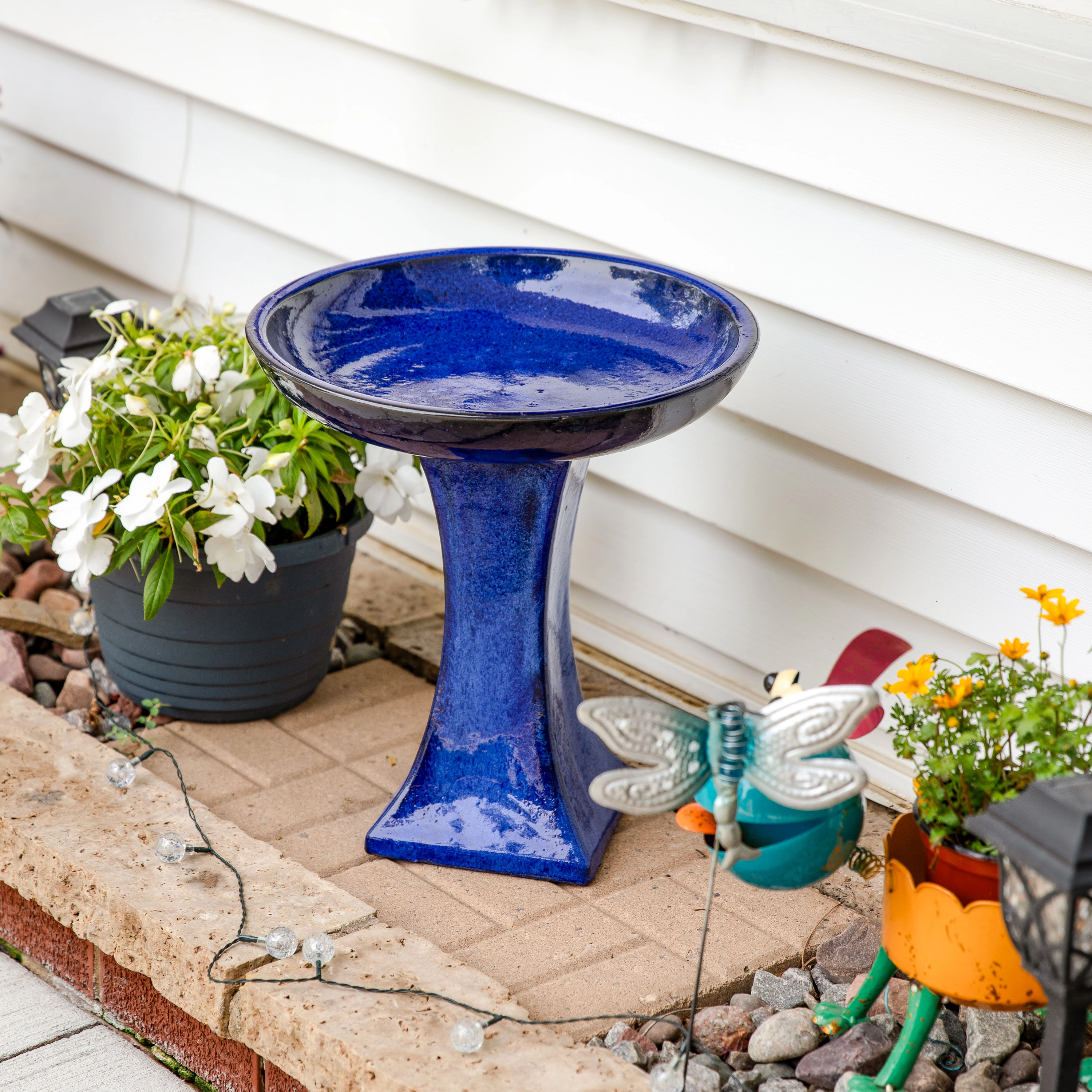 Sunnydaze Ceramic Bird Bath Bowl,16” H, Blue Glaze Finish