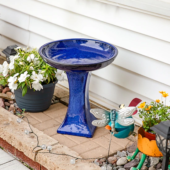 Sunnydaze Ceramic Bird Bath Bowl,16” H, Blue Glaze Finish