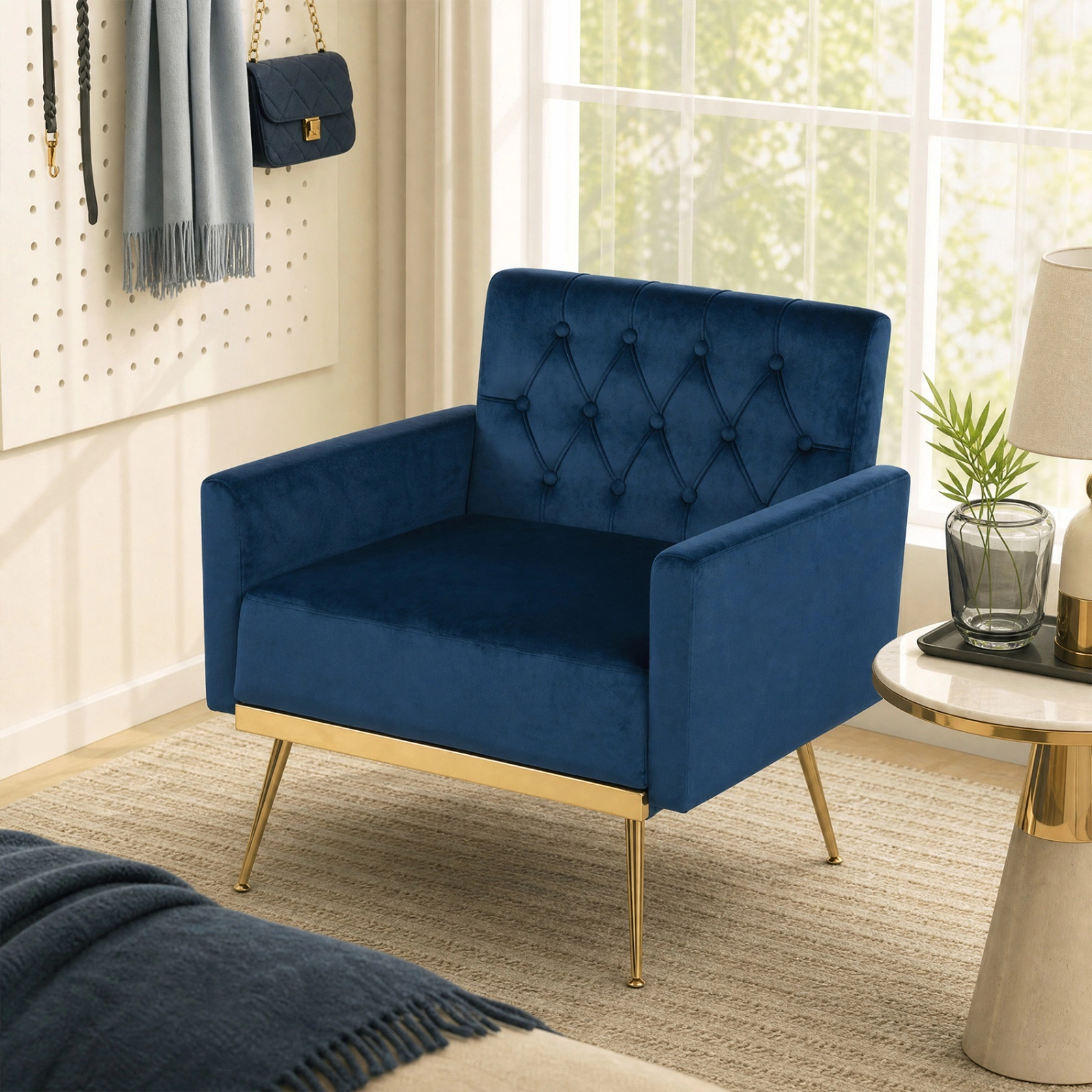 Modern Blue Velvet Accent Chair with Button-Tufted Back and Metal Legs