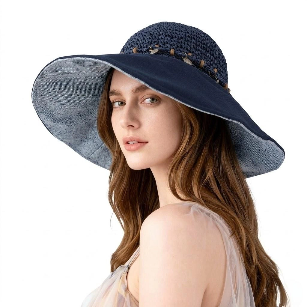 Anna-Kaci Women's Women Wide Brim Straw Sun Hat Breathable Crochet Summer Hat with Decorative Band