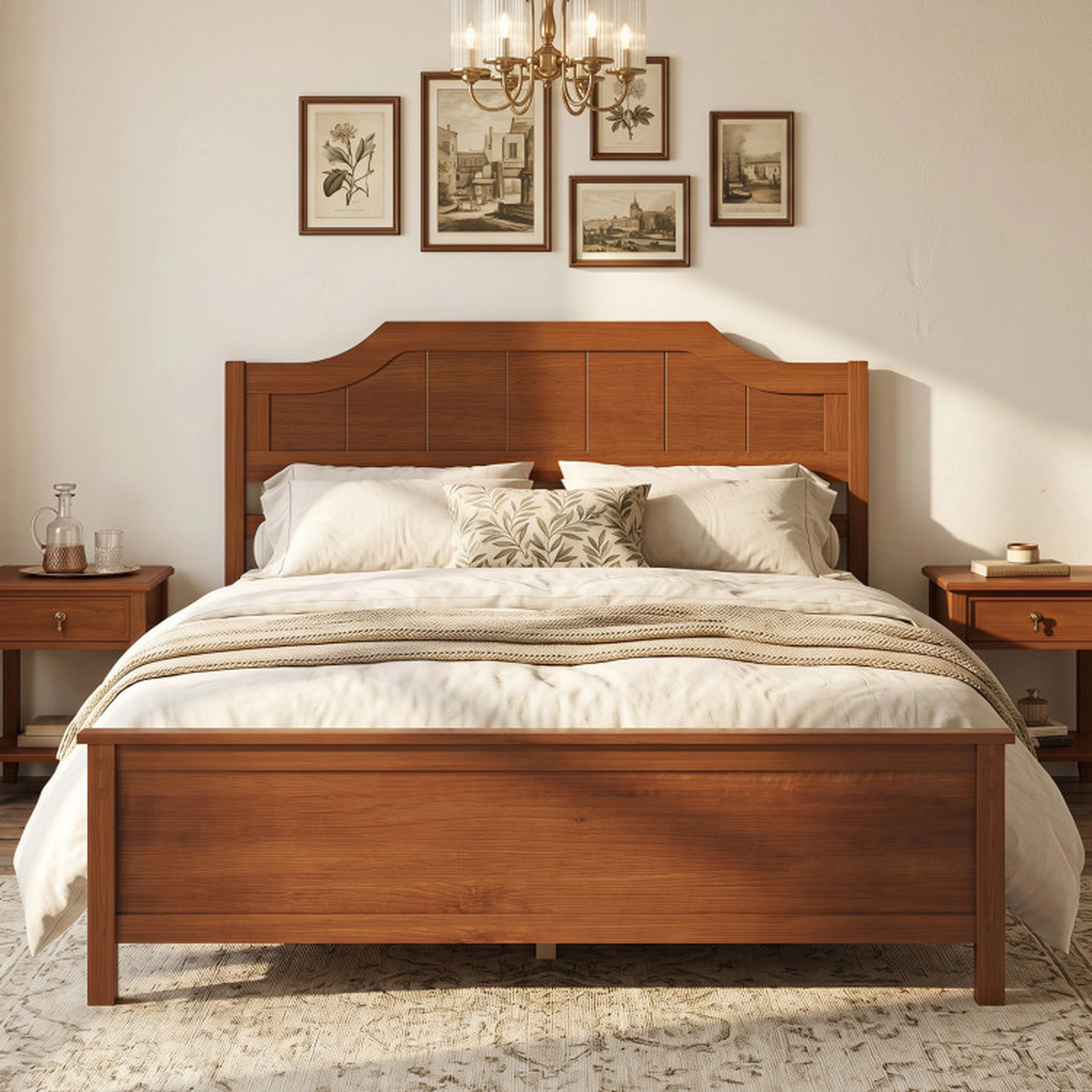 SUGIFT Walnut Arched Panel Headboard Solid Wood Platform Bed Frame