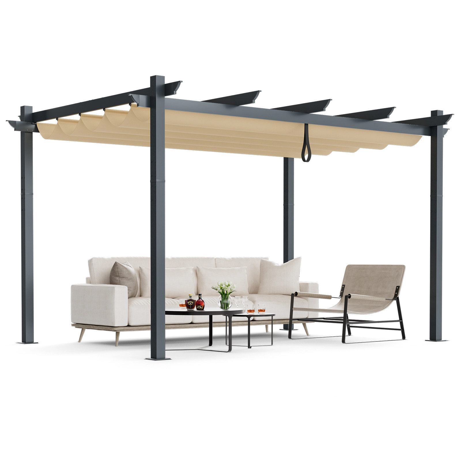 SUGIFT 10 x 13Feet Retractable Aluminum Pergola Canopy Shelter Powder-Coated Metal Frame 92-lb Net Weight Gray Beige