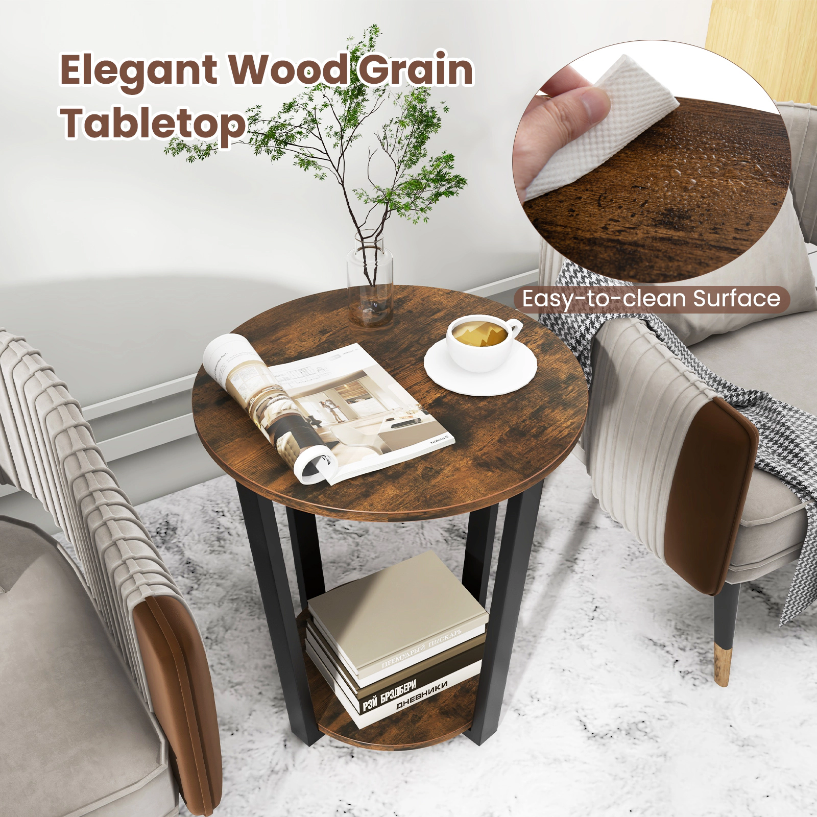 SUGIFT 2-Tier Round End Table with Storage Shelf and Metal Frame 44-lb Capacity Brown/Walnut
