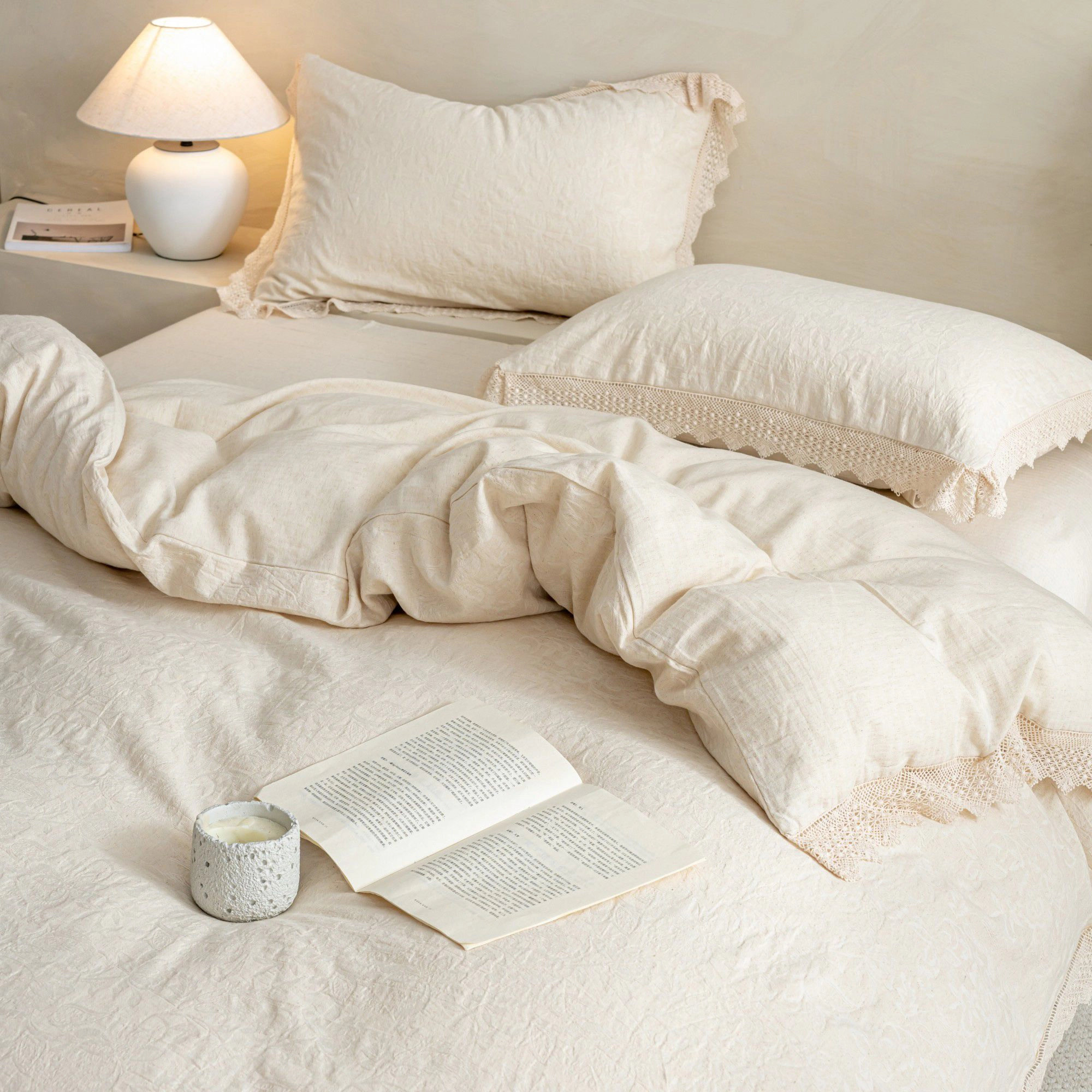 Alilang Unisex 4-Piece Cotton Linen Jacquard Bedding Set with Duvet Cover Flat Sheet and Pillowcases Lace Trim Detail