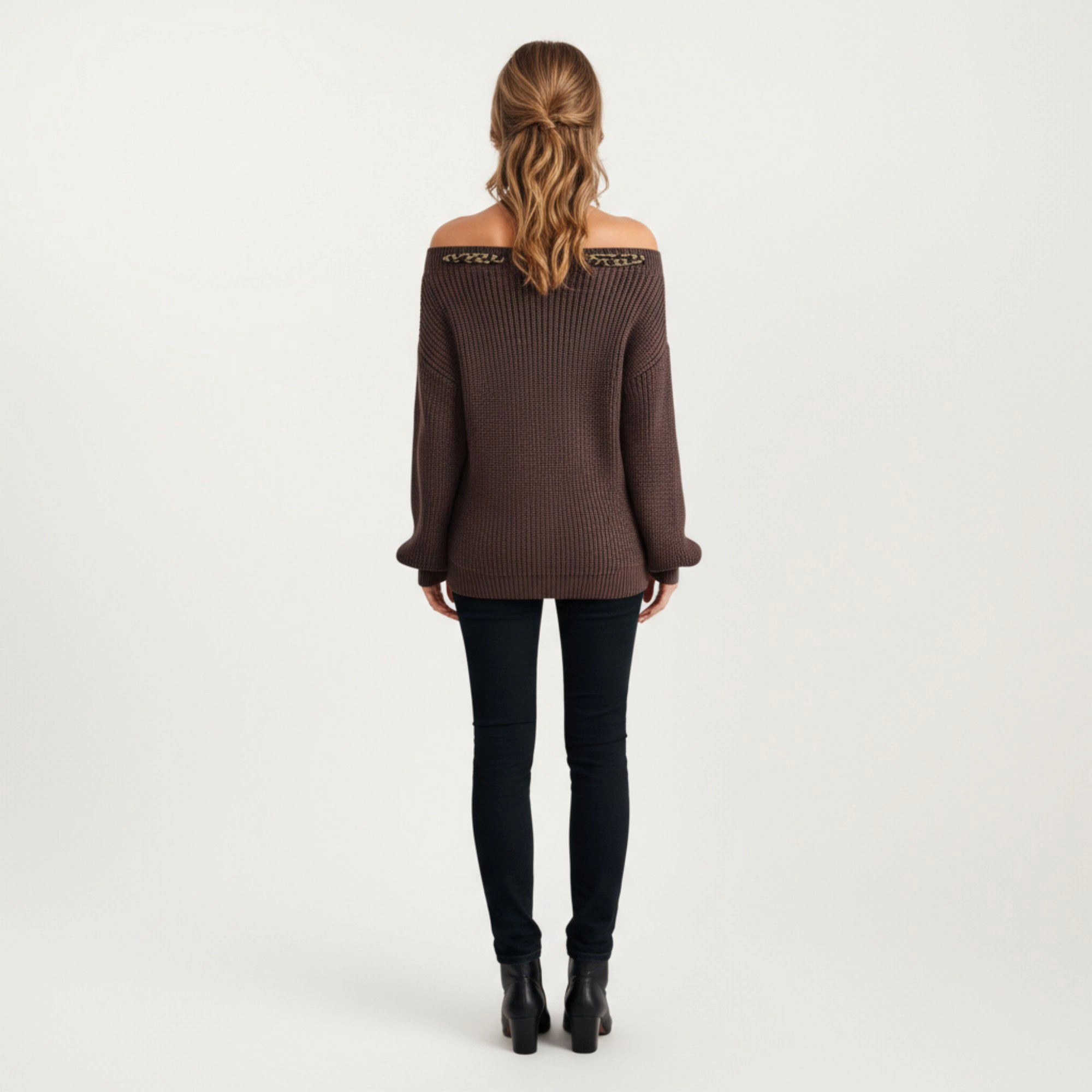 Anna-Kaci Women's Off-Shoulder Knit Sweater with Leopard Print Bow Detail