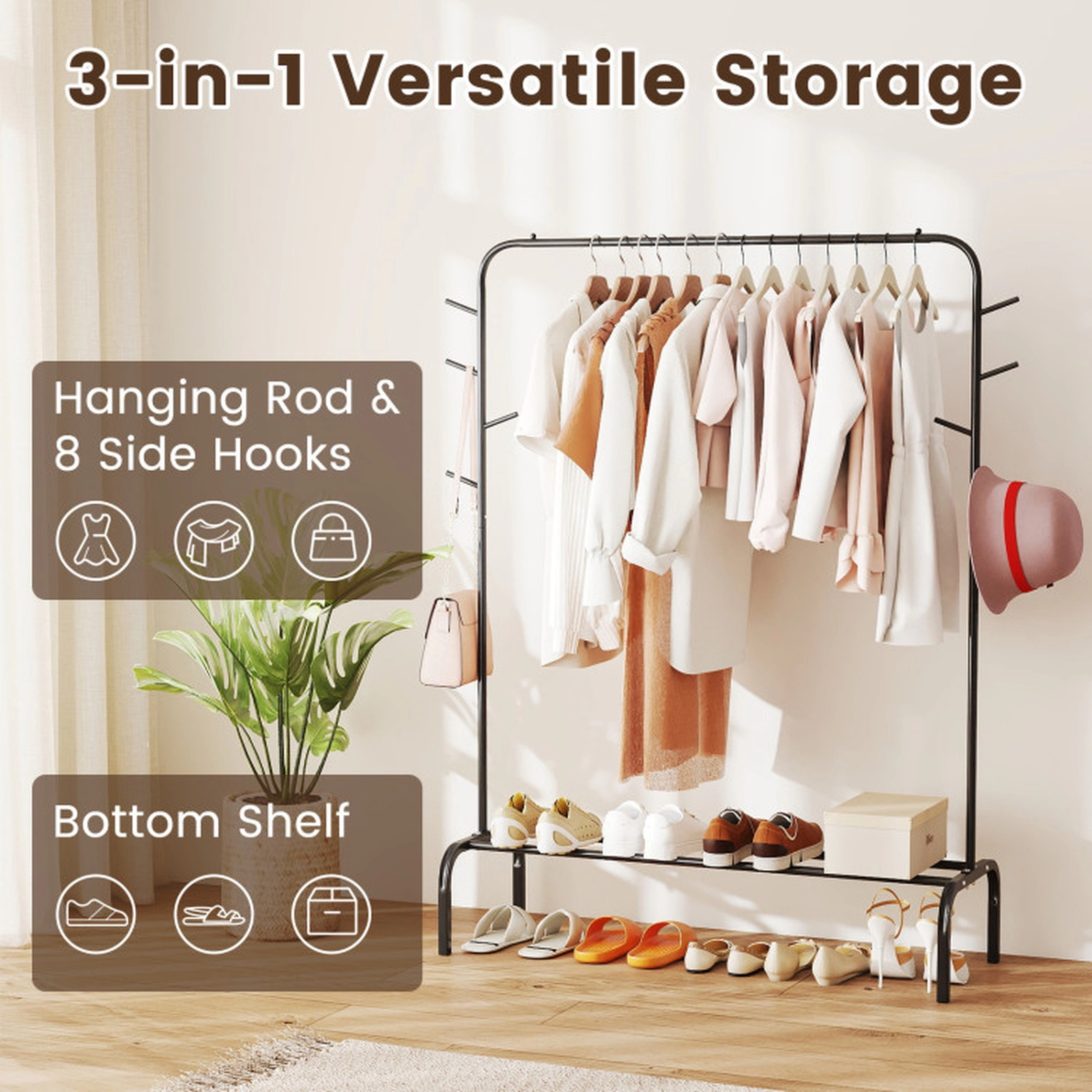 SUGIFT 50-in Wide 22-lb Rod Capacity Black Metal Clothes Garment Wardrobe Rack with 8 Side Hooks