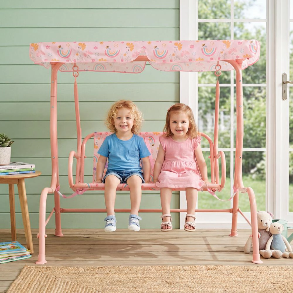 Hivvago Kids Patio Swing 2-Seater Outdoor Porch Lounge Chair With Adjustable Canopy
