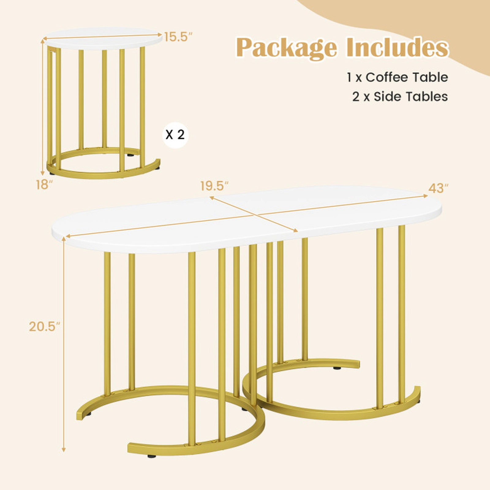 SUGIFT 3-Piece White Faux Marble Nesting Table Set, Gold Metal Frame