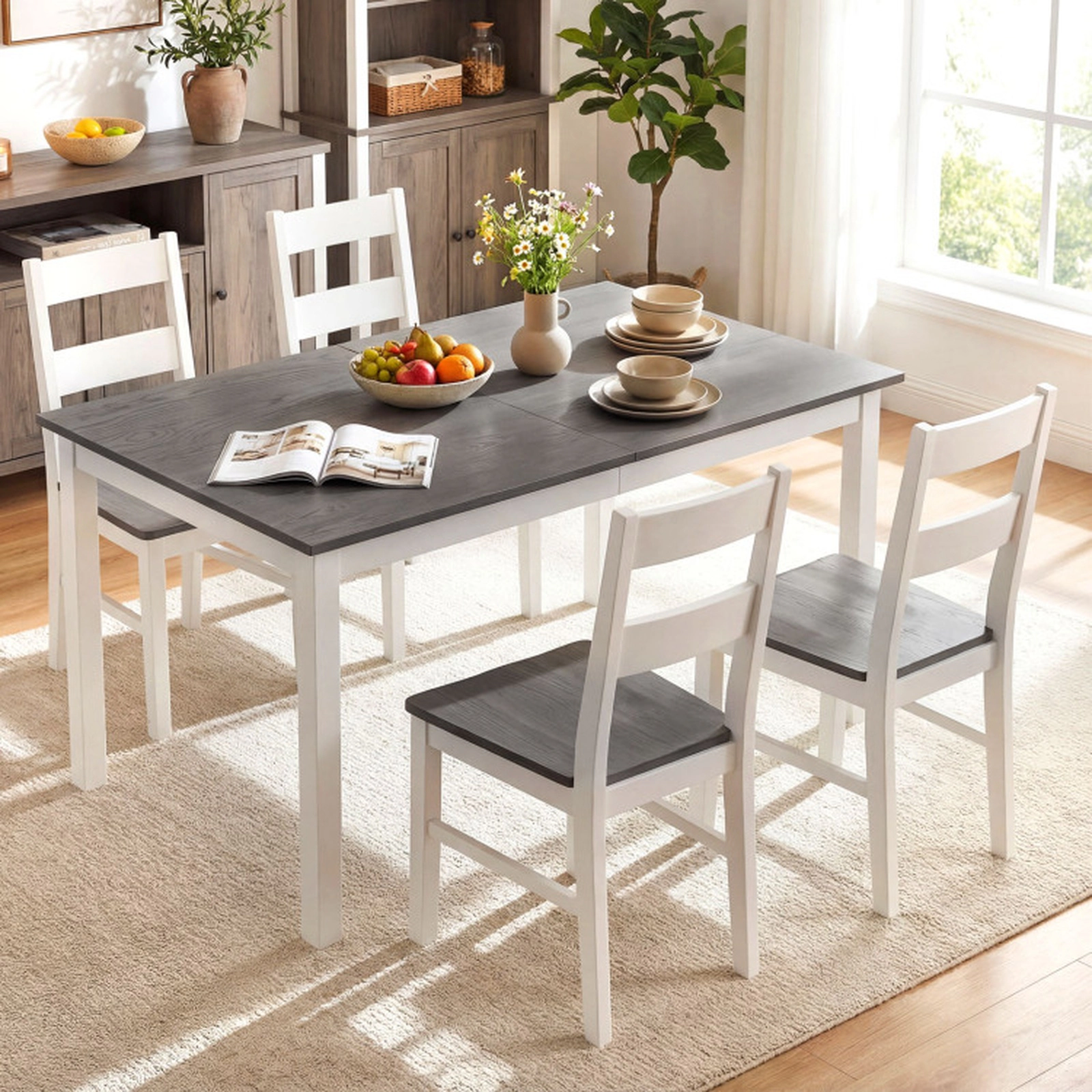 SUGIFT 60-in Gray Rectangular Wood Dining Table for 6 with White Rubber Wood Legs