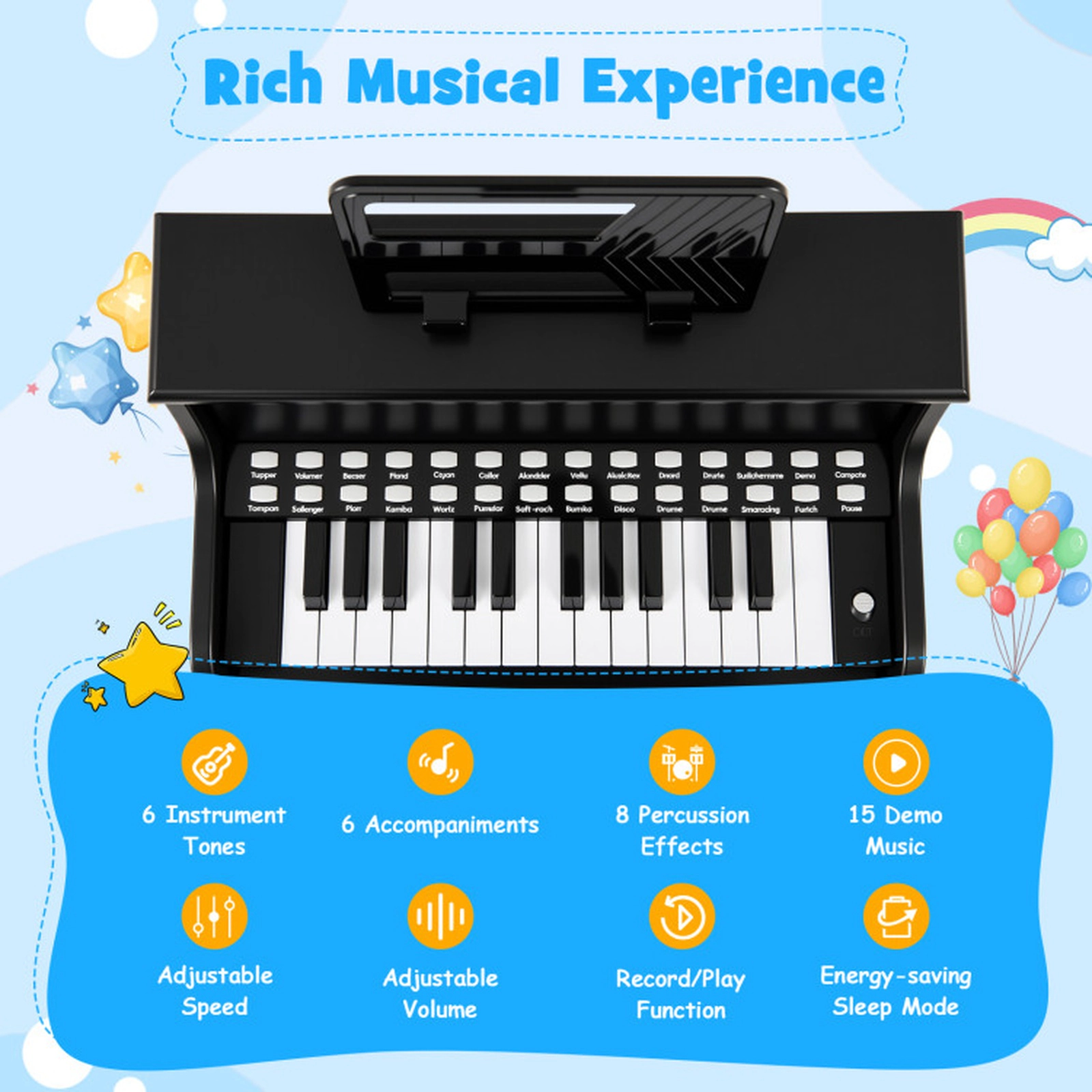 SUGIFT 25-Key Kids Digital Piano Keyboard with Stool Mini Wooden Piano 15-in Wide Ages 3+ Speed and Volume Black
