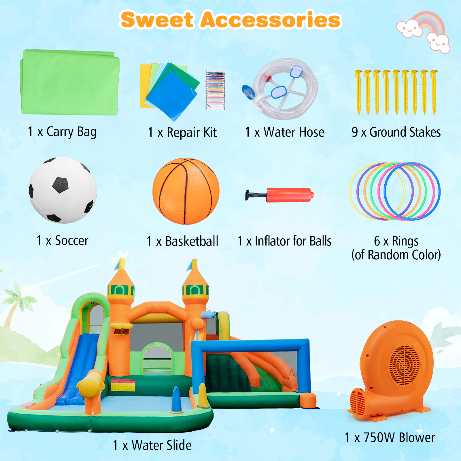 SUGIFT 2-Slide Inflatable Bounce House Water Park Soccer Gate & Climbing Wall 200-lb Capacity Over 3 Years Multicolor