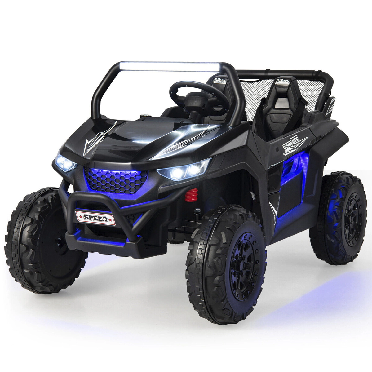 SUGIFT 12V 130-lb Capacity Black 2-Seater Kids Ride On UTV with Remote Control Spring Suspension and Lockable Doors