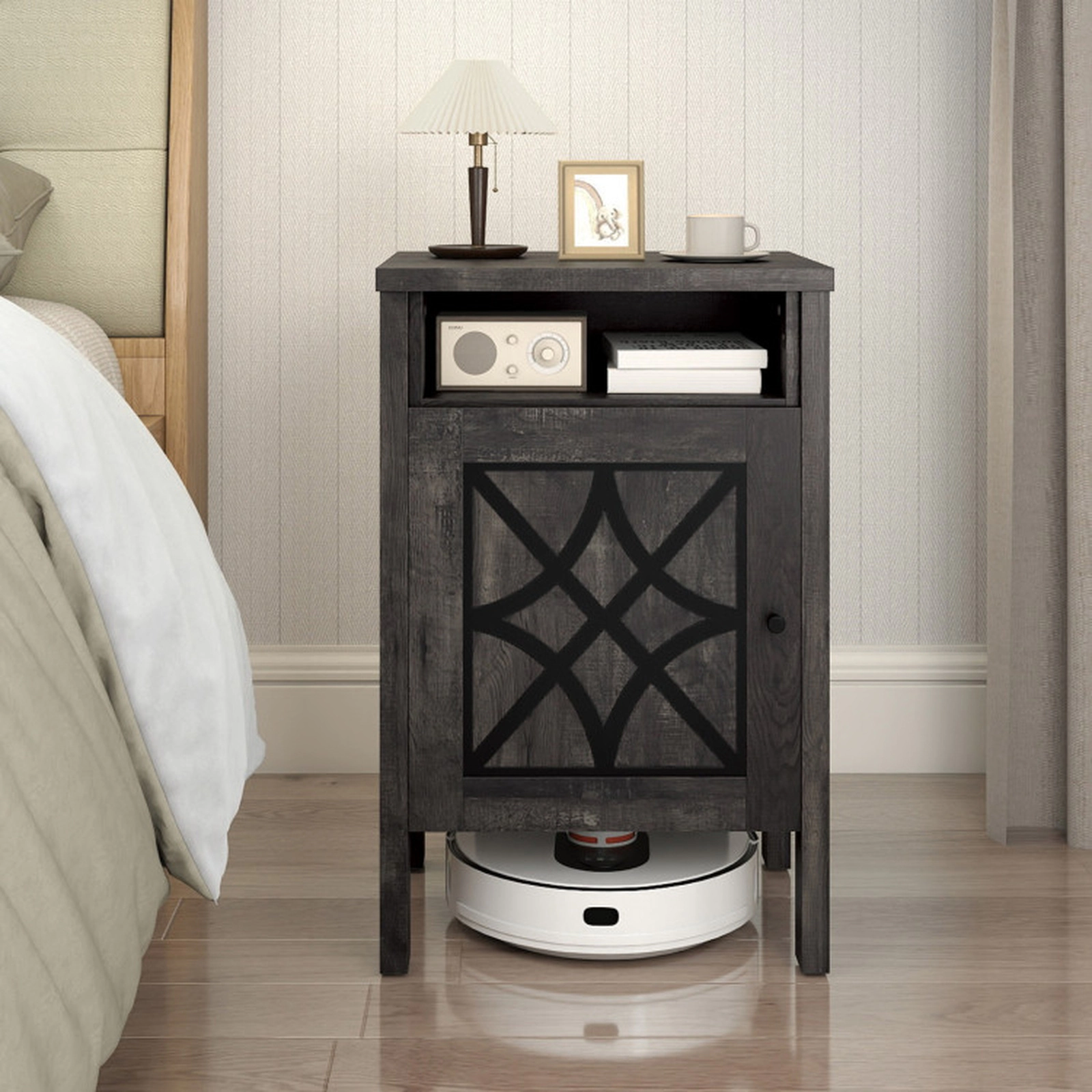 SUGIFT Gray Door and Open Shelf for Living Room Robot Vacuum Storage Cabinet