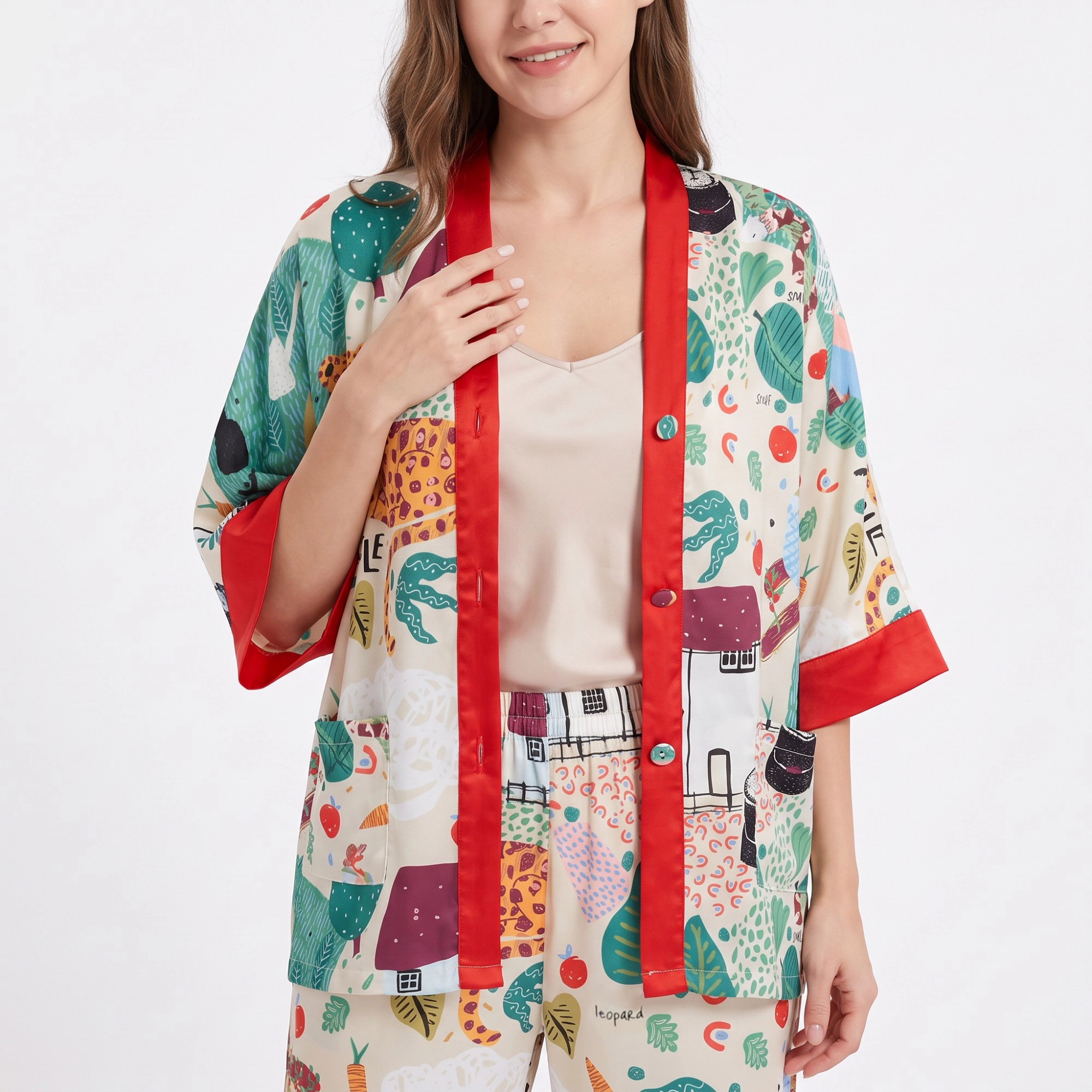 Anna-Kaci Women's 2-Piece Printed Pajama Set Button Front Short Sleeve Sleep Shirt and Long Pants