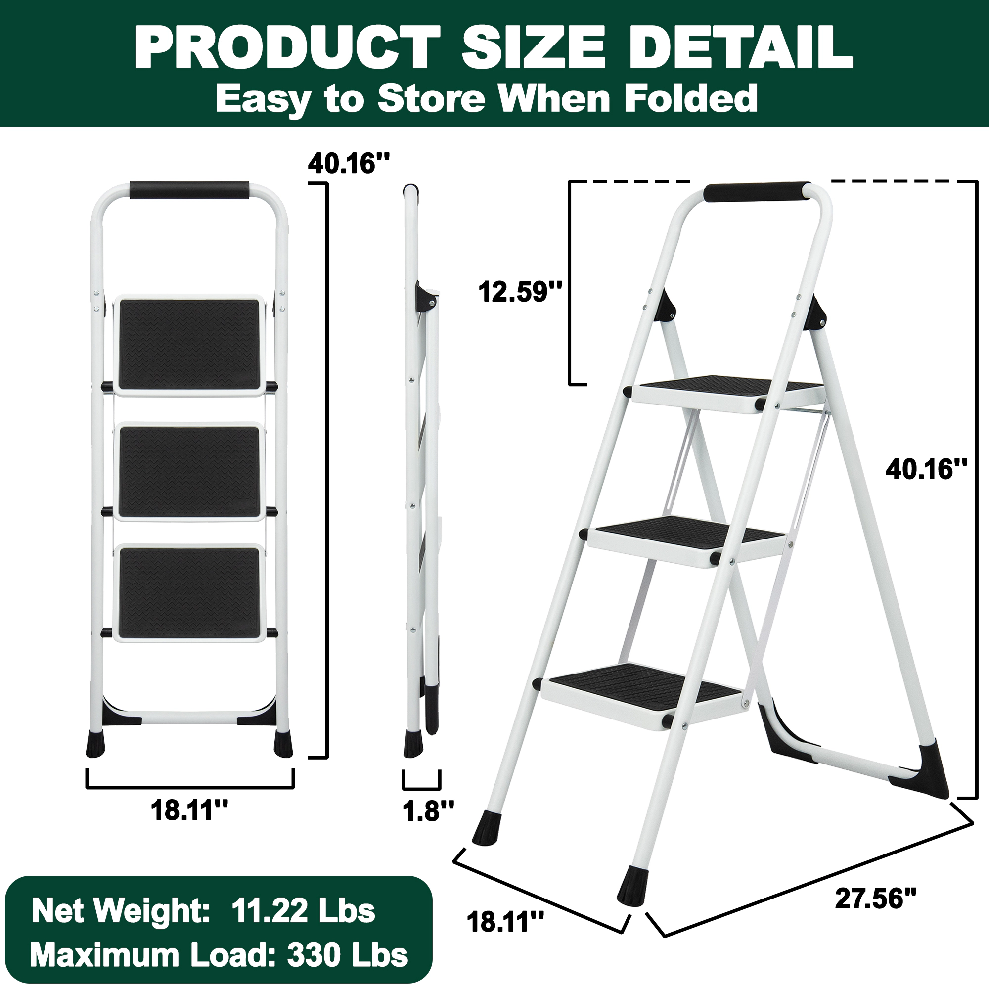 Flynama 3 Step Ladder- 330lb Capacity Steel Foldable Step Stool (White)