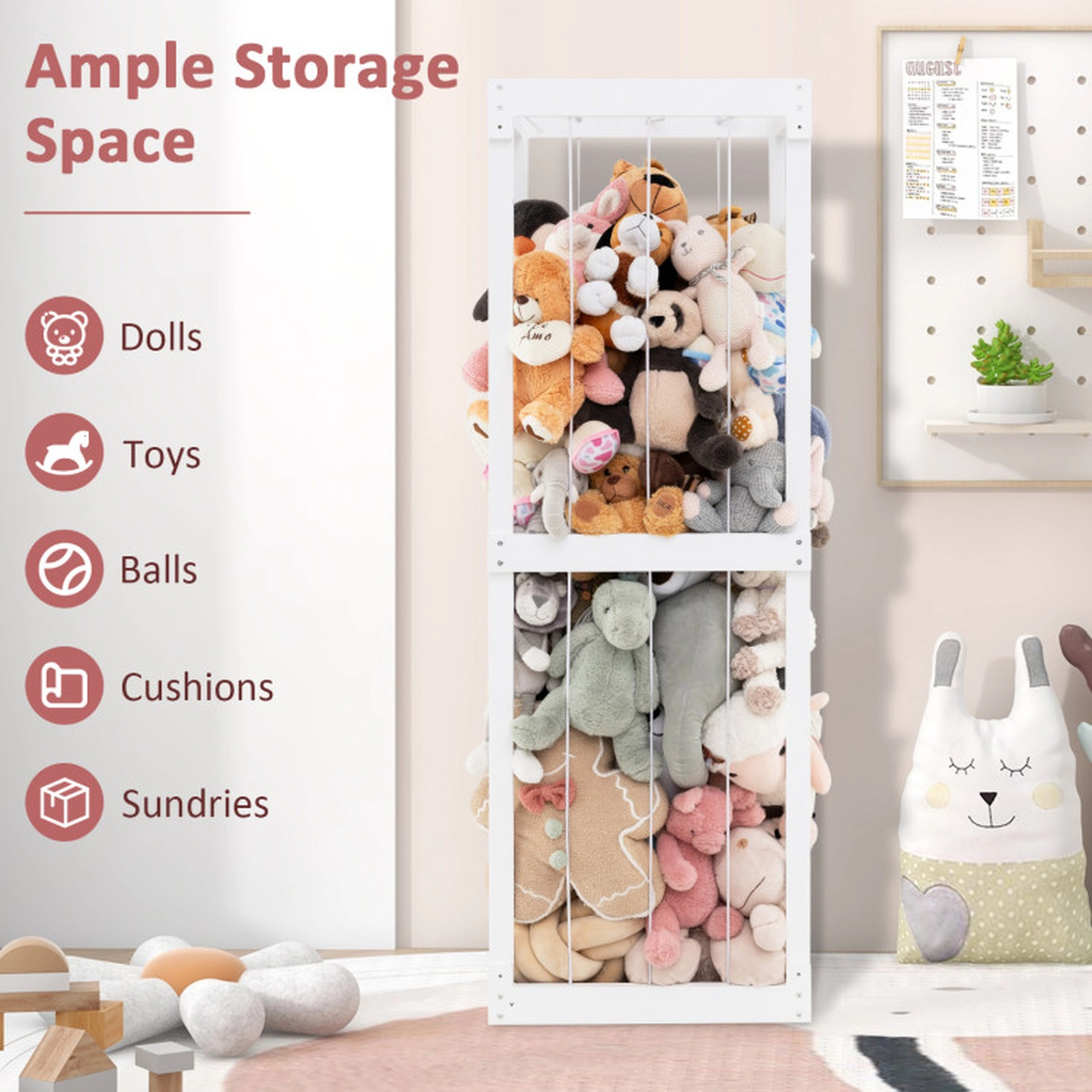 SUGIFT Kids 300L Elastic Cords Open Top Birch Plywood Stuffed Animal Toy Storage Holder 20.5-in x 18-in x 60-in White