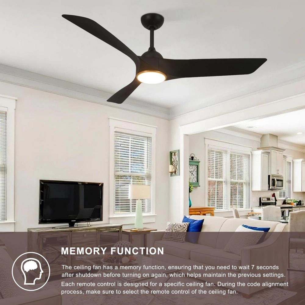 Flynama 52 in. Black Ceiling Fan with Light, Quiet DC Motor, 6-Speed Remote Control, 3 ABS Blades, Indoor
