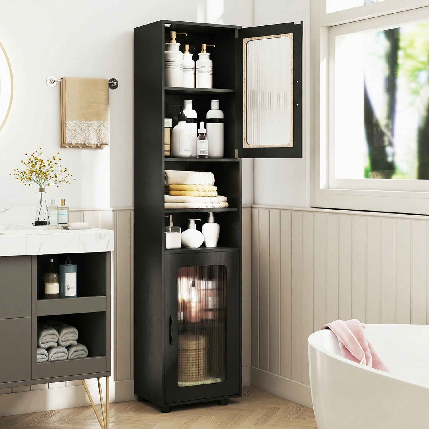SlickBlue Bathroom Storage Cabinet with Open Shelves and Doors