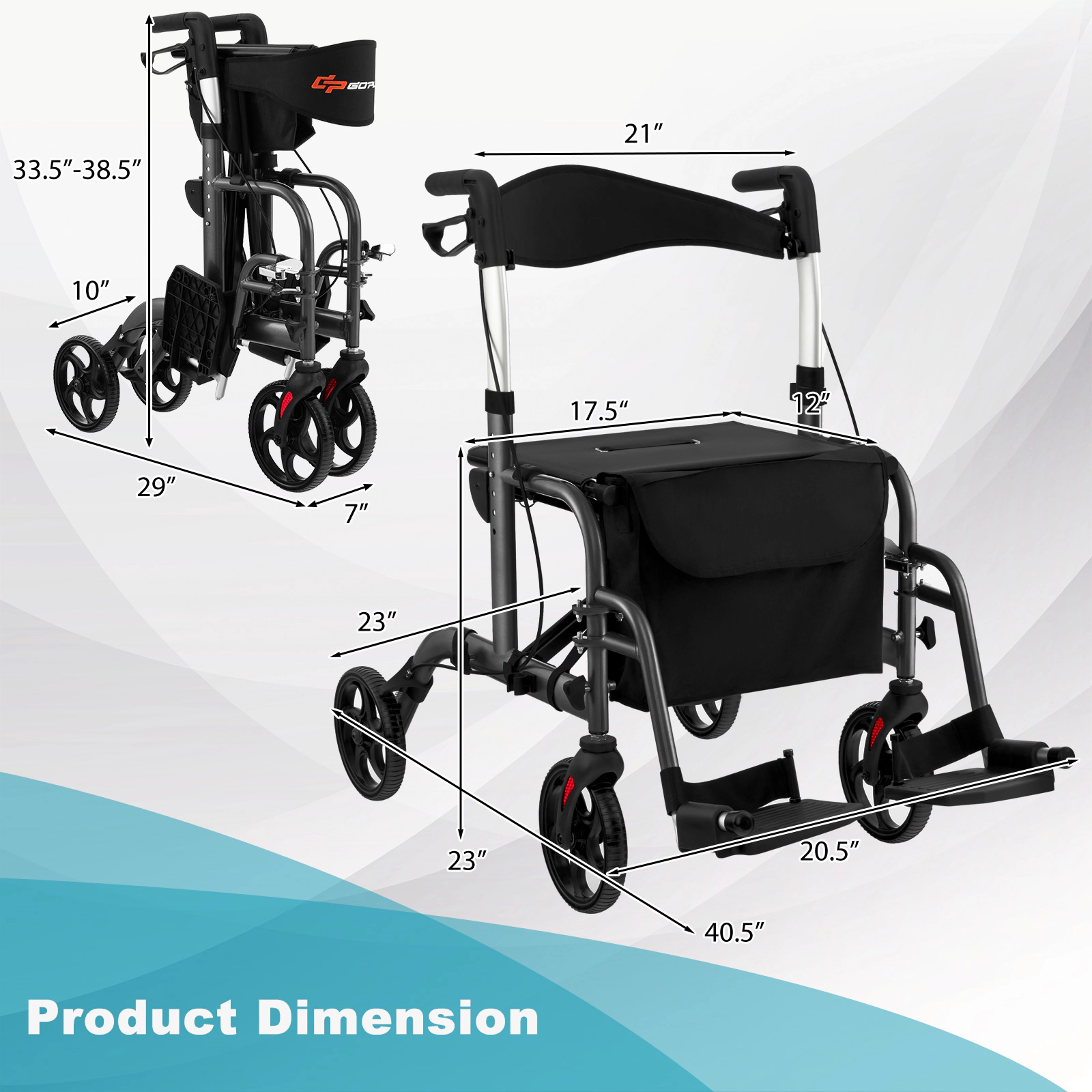 SUGIFT Black 2-in-1 Rollator Walker with Storage Bag and Reversible Backrest 26-in W 33-in D 300-lb Seat Capacity