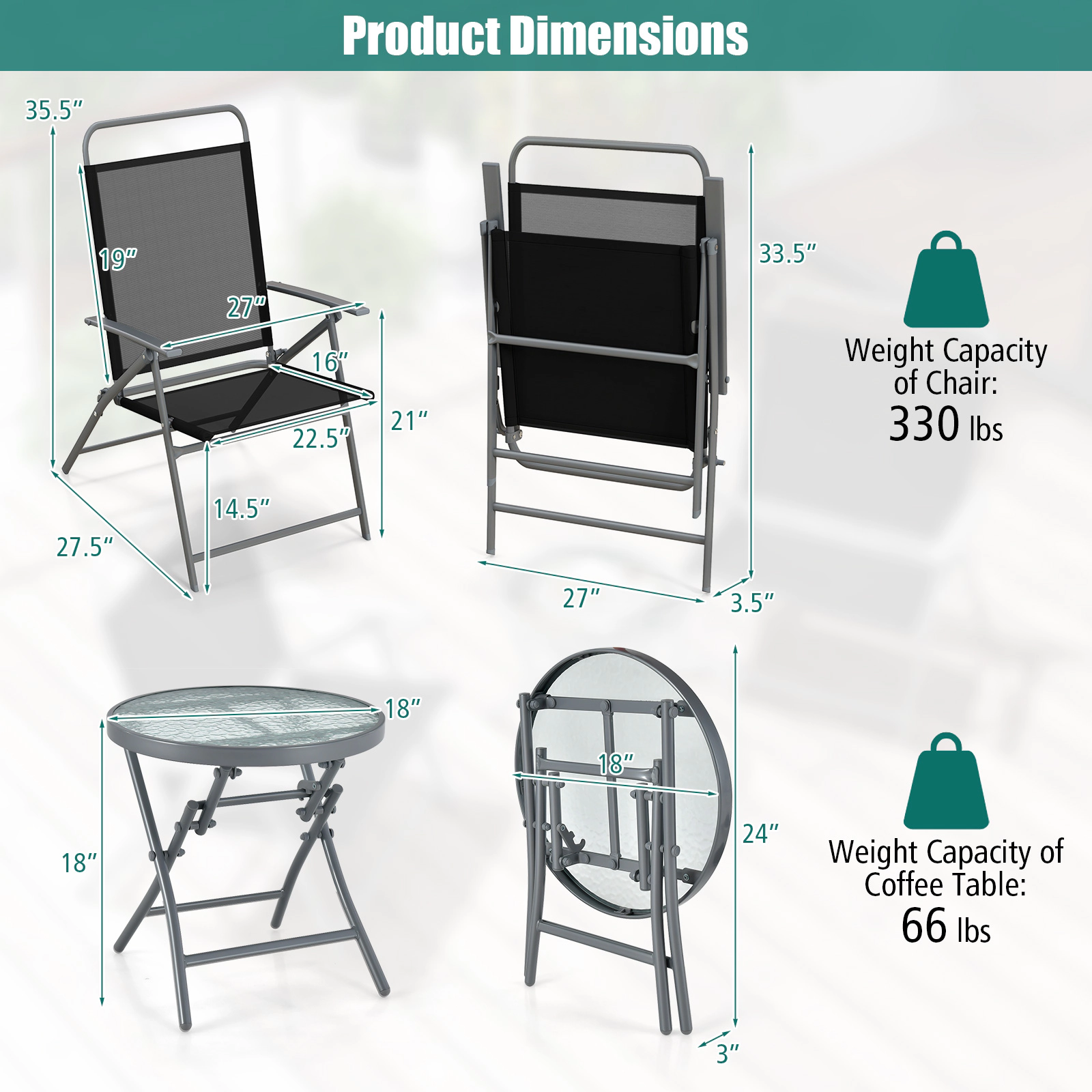 SUGIFT 3-Piece Patio Folding Metal Conversation Set with 27.5-in Chair Seat Depth 330-lb Chair Capacity Black Silver