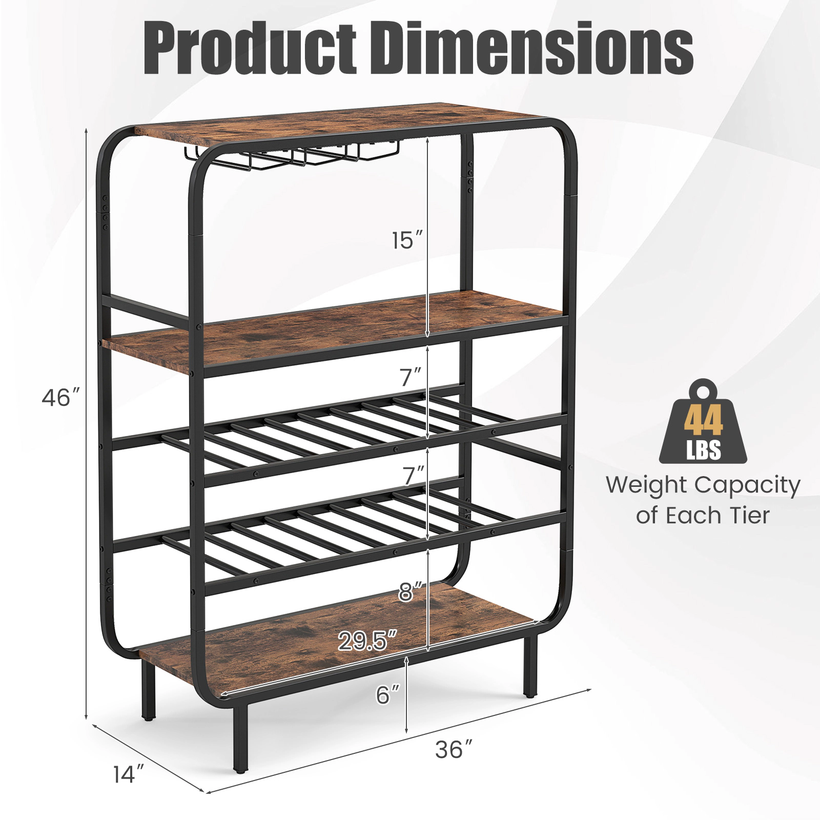 SUGIFT 5-Tier Wine Rack with Glass Holders 44-lb Tier Capacity Black and Rustic Brown