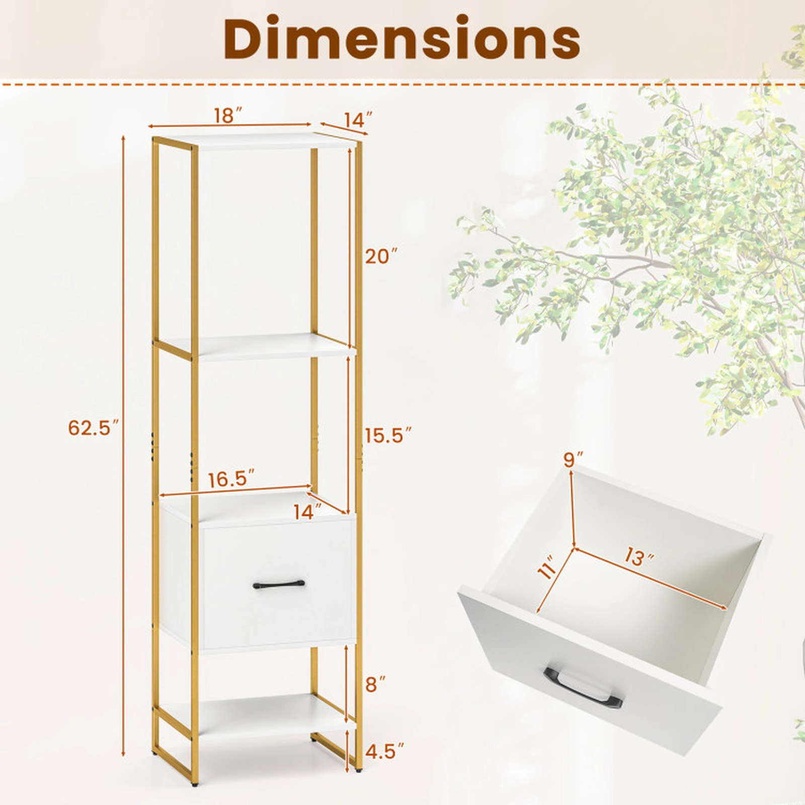 SUGIFT White 5-Tier Narrow Bookcase 62.5 in with 4 Open Shelves and Storage Drawer