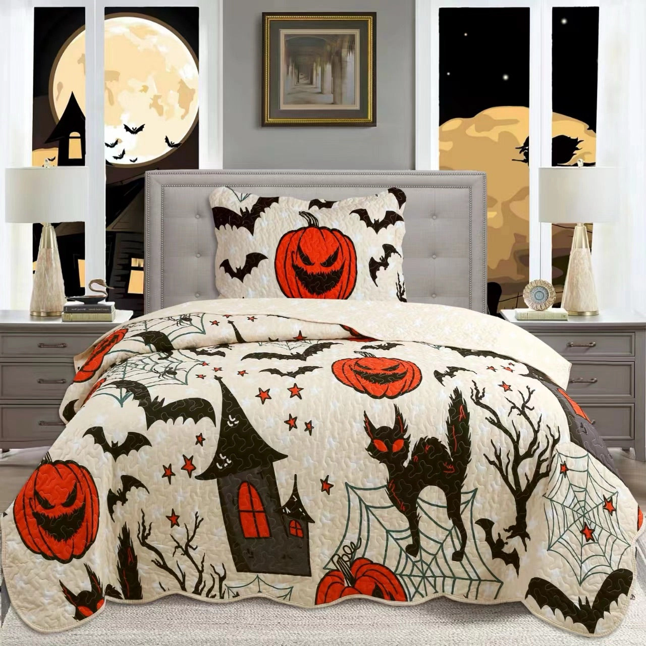 MarCielo 2/3 Piece Halloween Quilt Set - Pumpkin & Bat Print Bedspread