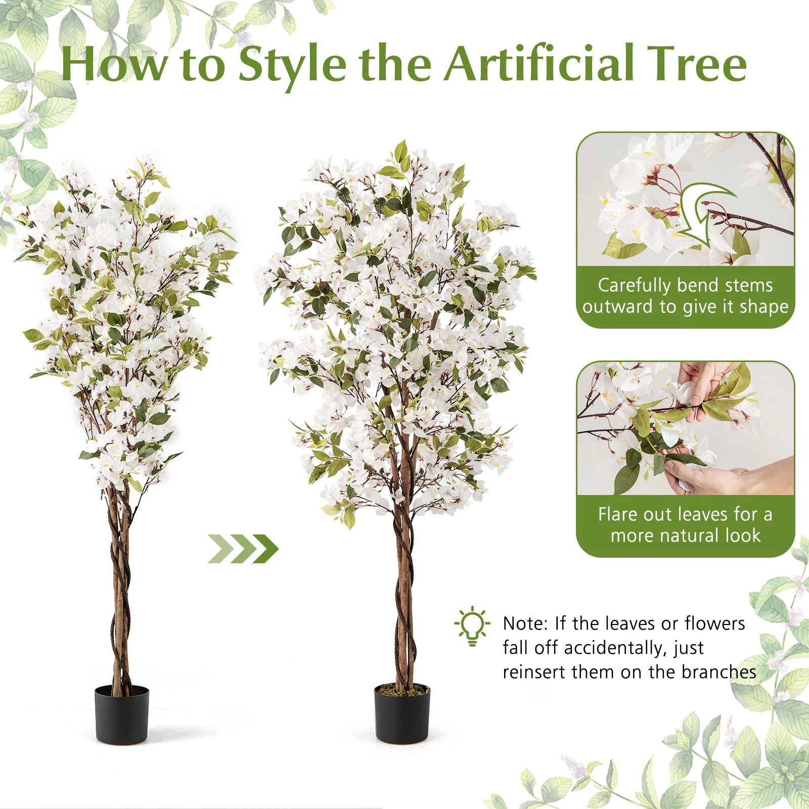 SlickBlue Set of 2 Faux Bougainvillea Plant with Twisted Wood Trunk and Moss