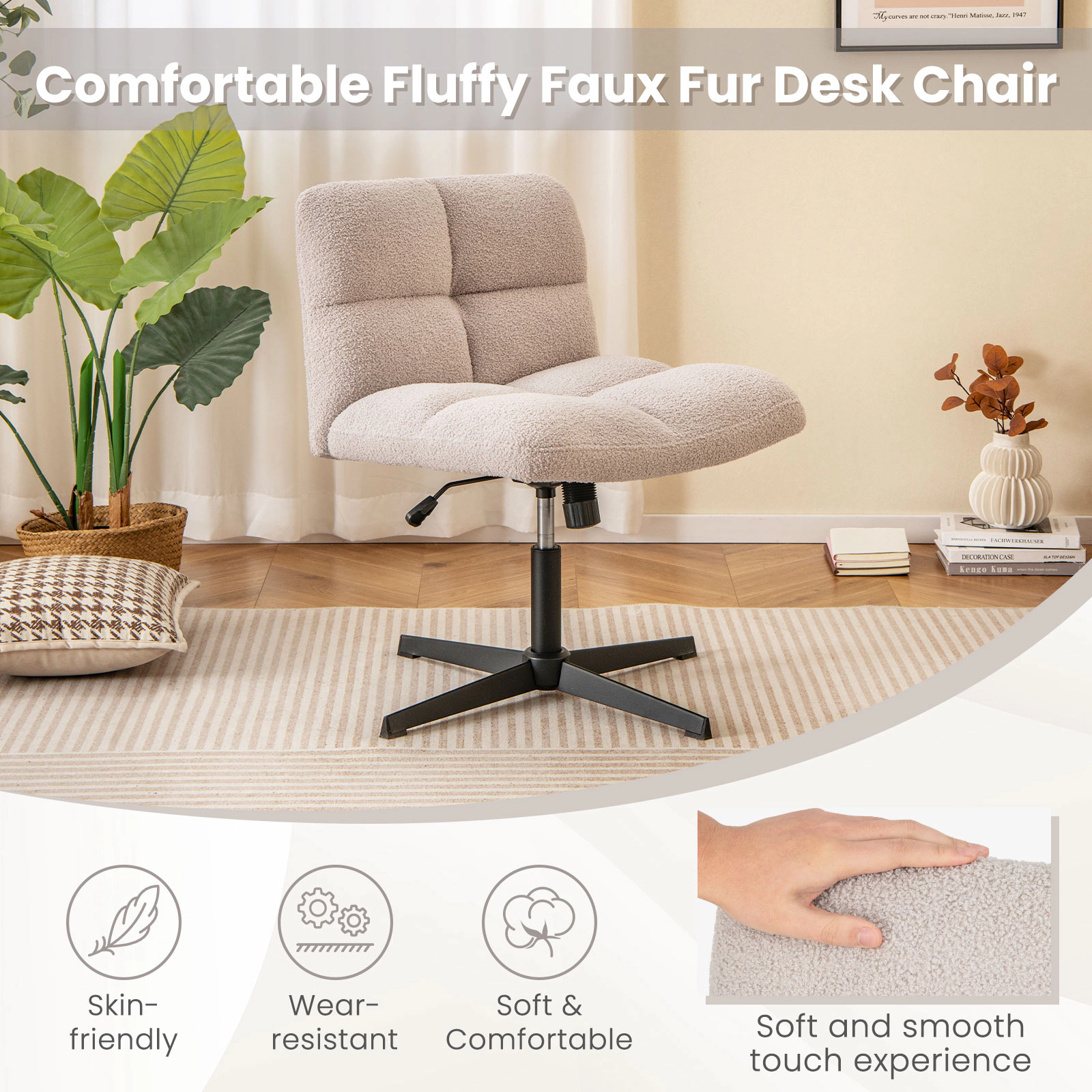 SUGIFT 25-in Wide Seat Lamb Fleece Armless Cross Legged Swivel Office Chair 26-in x 25-in x 30.5-in 350-lb Gray