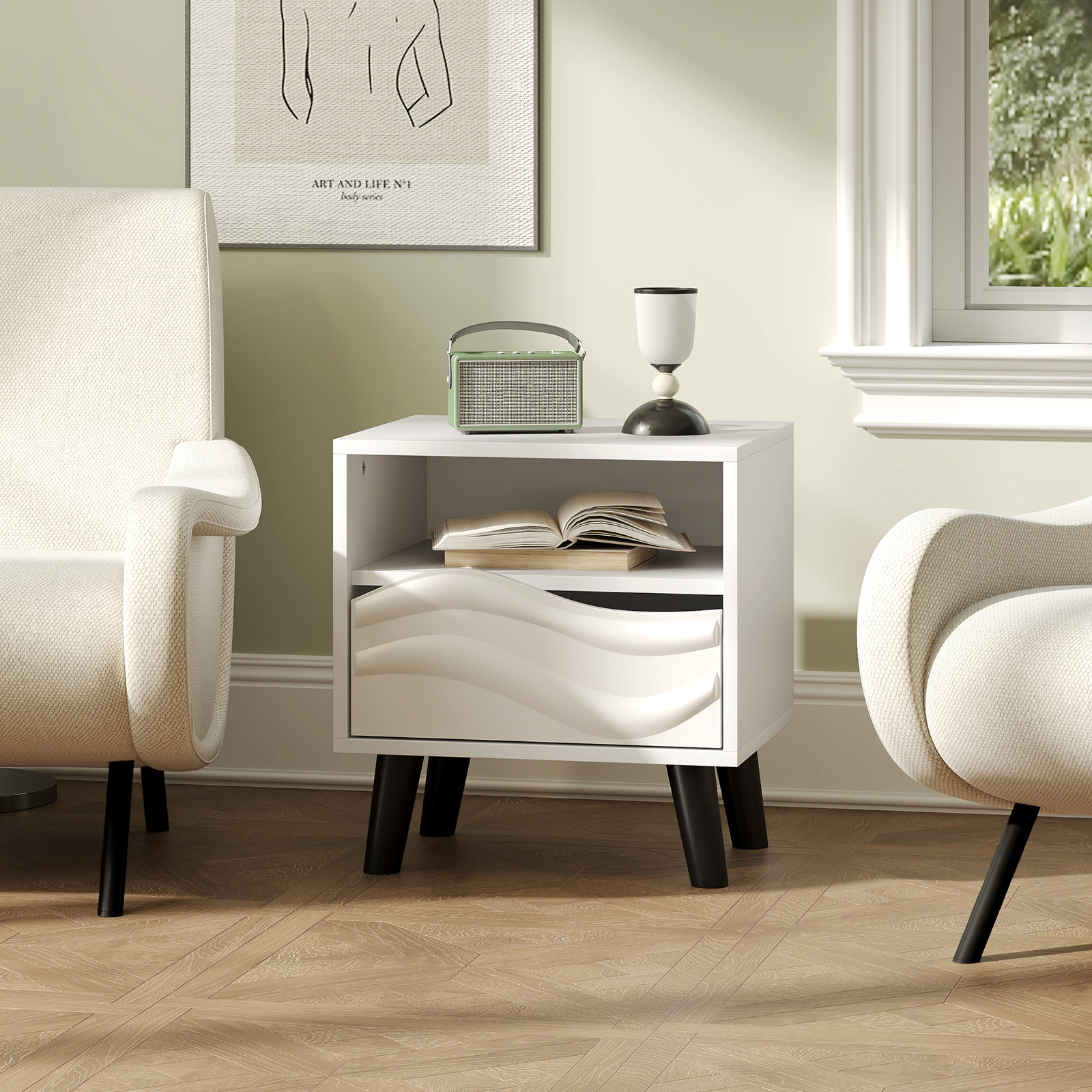 Glintex Mid-Century Nightstand with 3D Wavy Drawer Front and Open Shelf, White