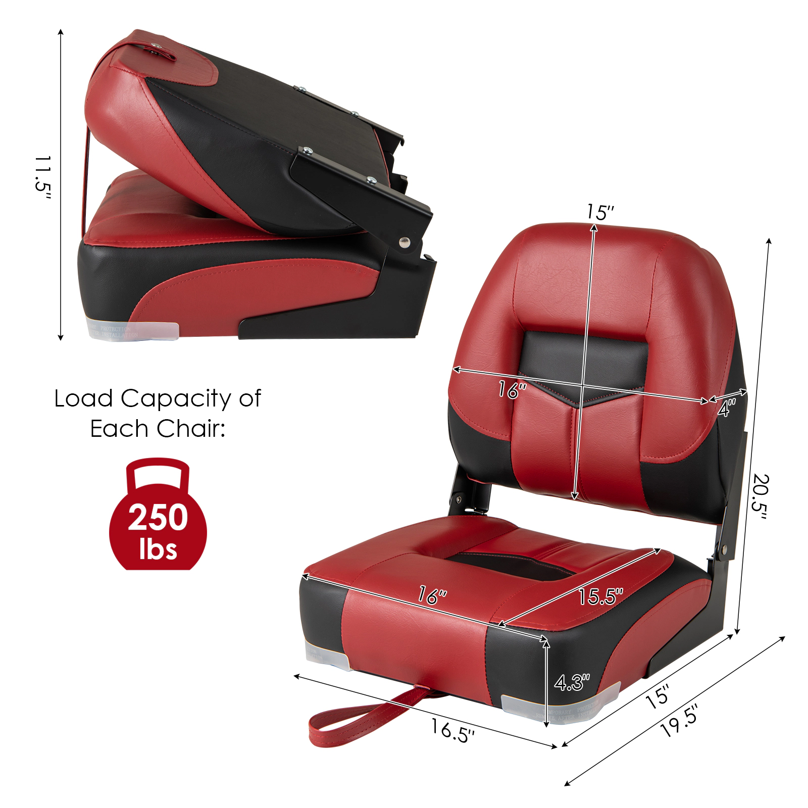 SUGIFT Set of 2 Red and Black Low-Back Folding Boat Seats, 250 lb Capacity Each