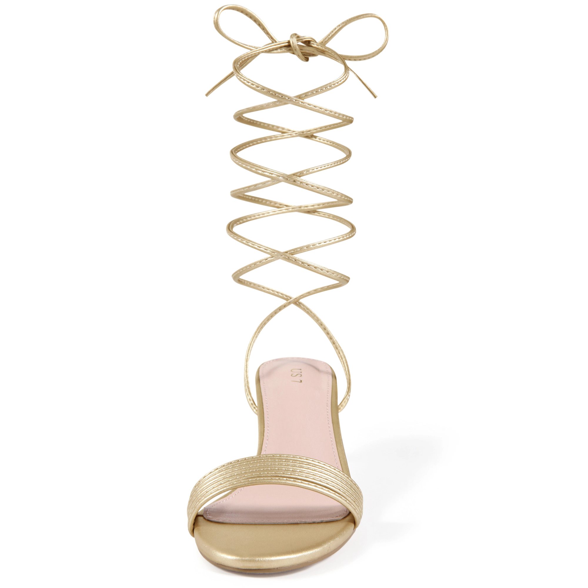 BLISSFUL STEP Women's Faux Leather Strappy Lace Up Open Toe Kitten Heels Sandal