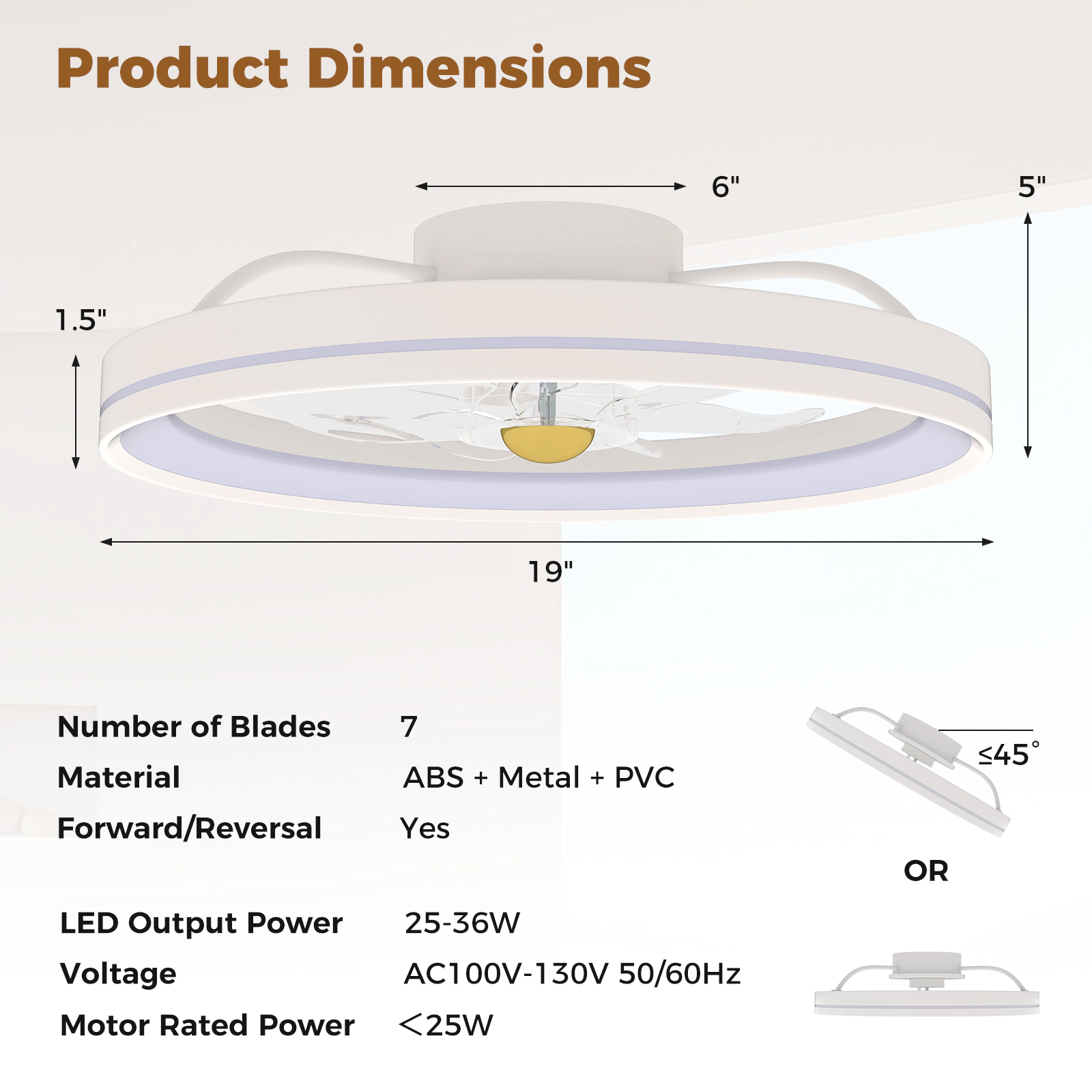 SUGIFT 19-in 7-Blade 6-Speed White Low Profile Flush Mount Ceiling Fan with 3000 to 6500K Dimmable LED
