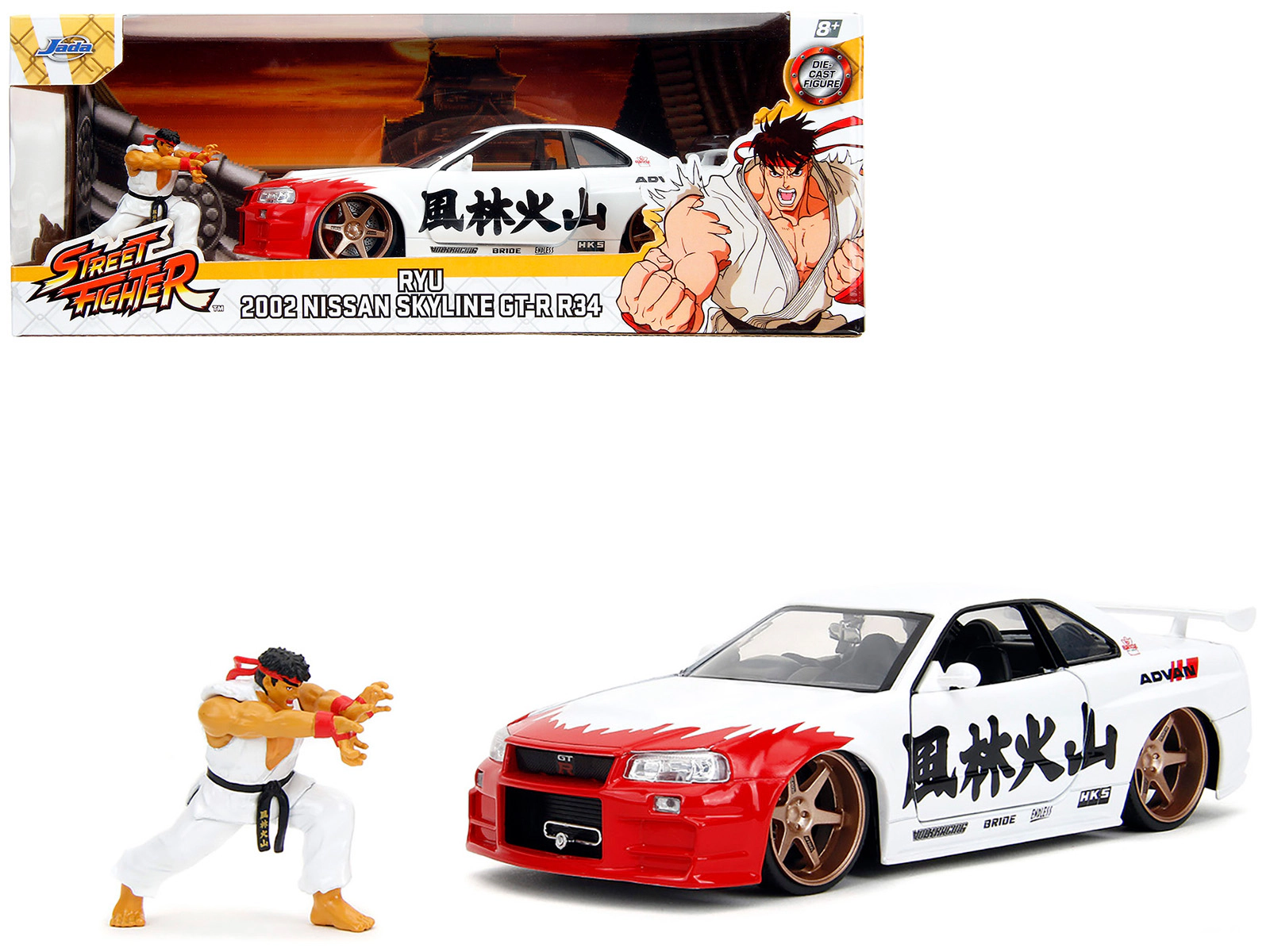 Jada 2002 Nissan Skyline GT-R (R34) RHD (Right Hand Drive) White with Red Graphics and Ryu Diecast Figure