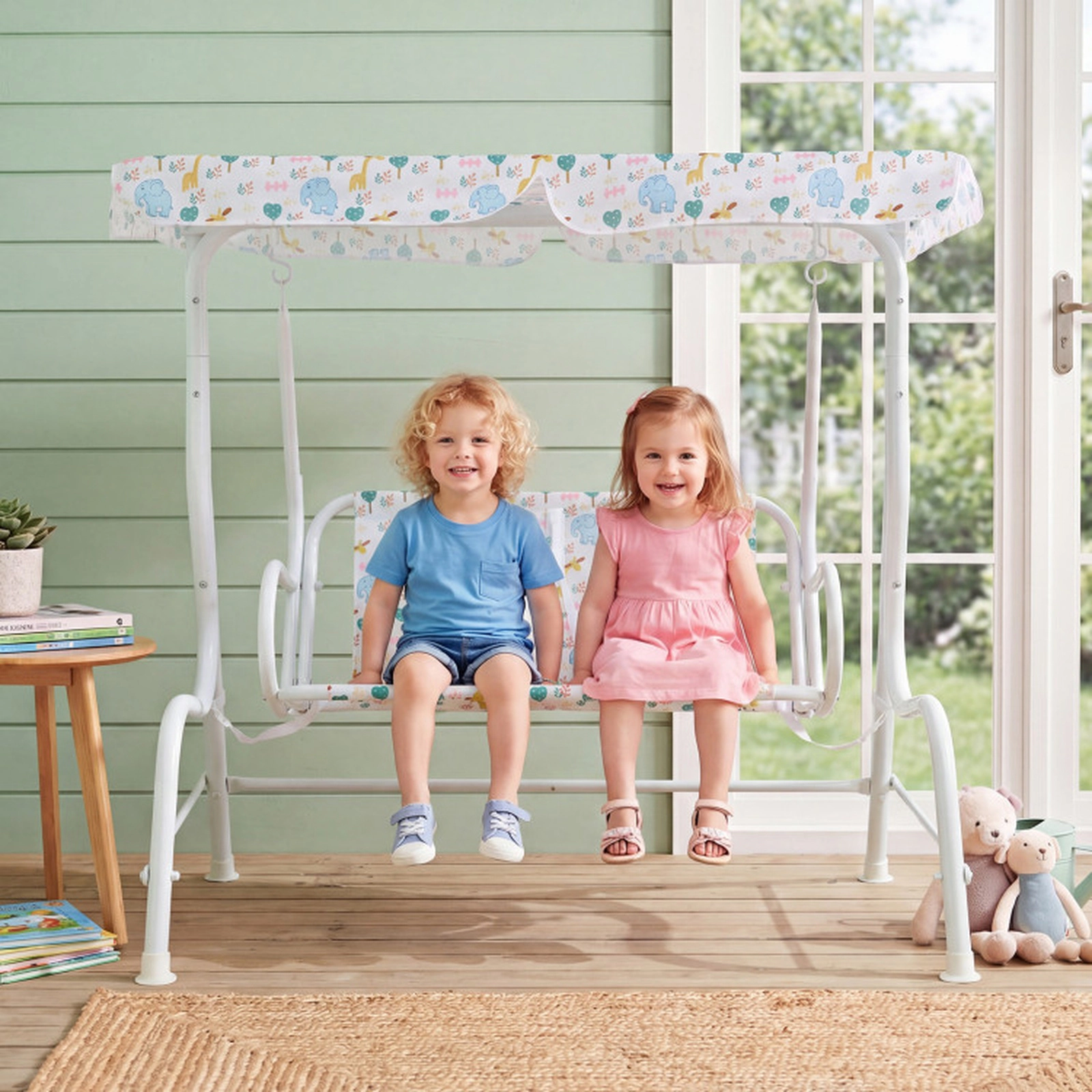 SUGIFT 2-Seat Kids Swing Chair, Triangle Metal Frame, Backrest, Rotating Canopy, White