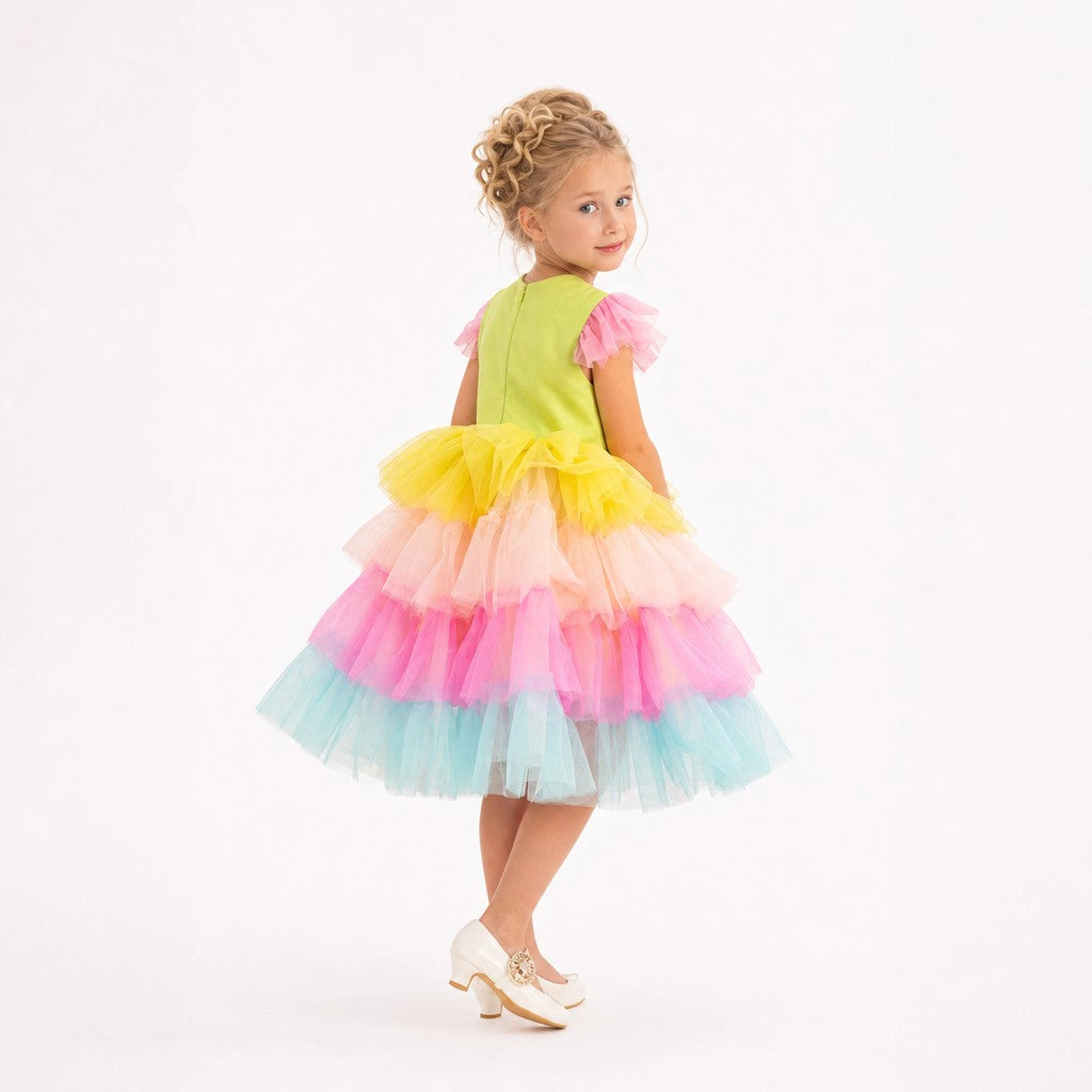 Faeella Girls Neon Glow Pastel Rainbow Tulle Birthday Dress