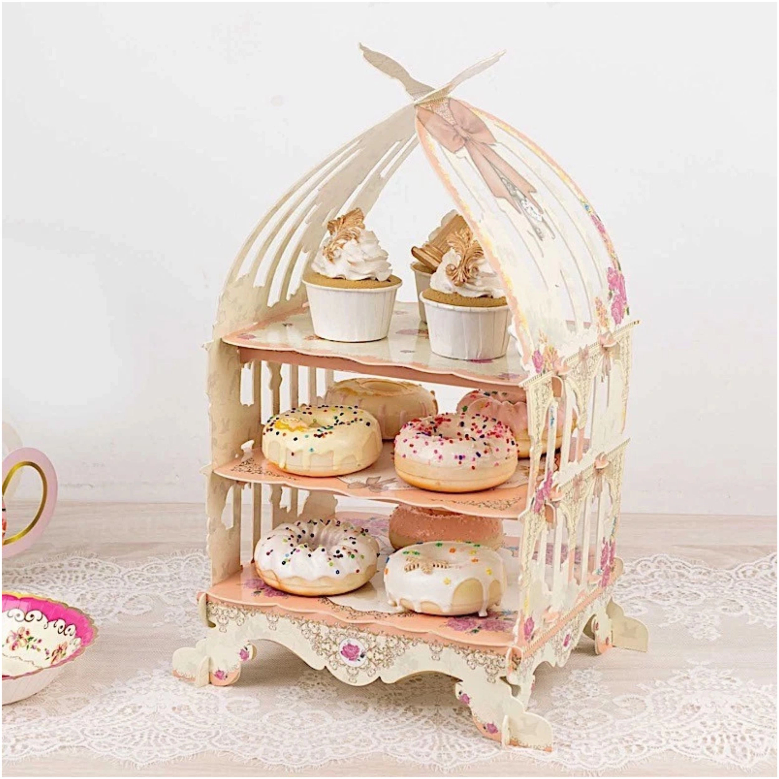 Home Collection 3-Tier Birdcage Floral Cupcake Stand