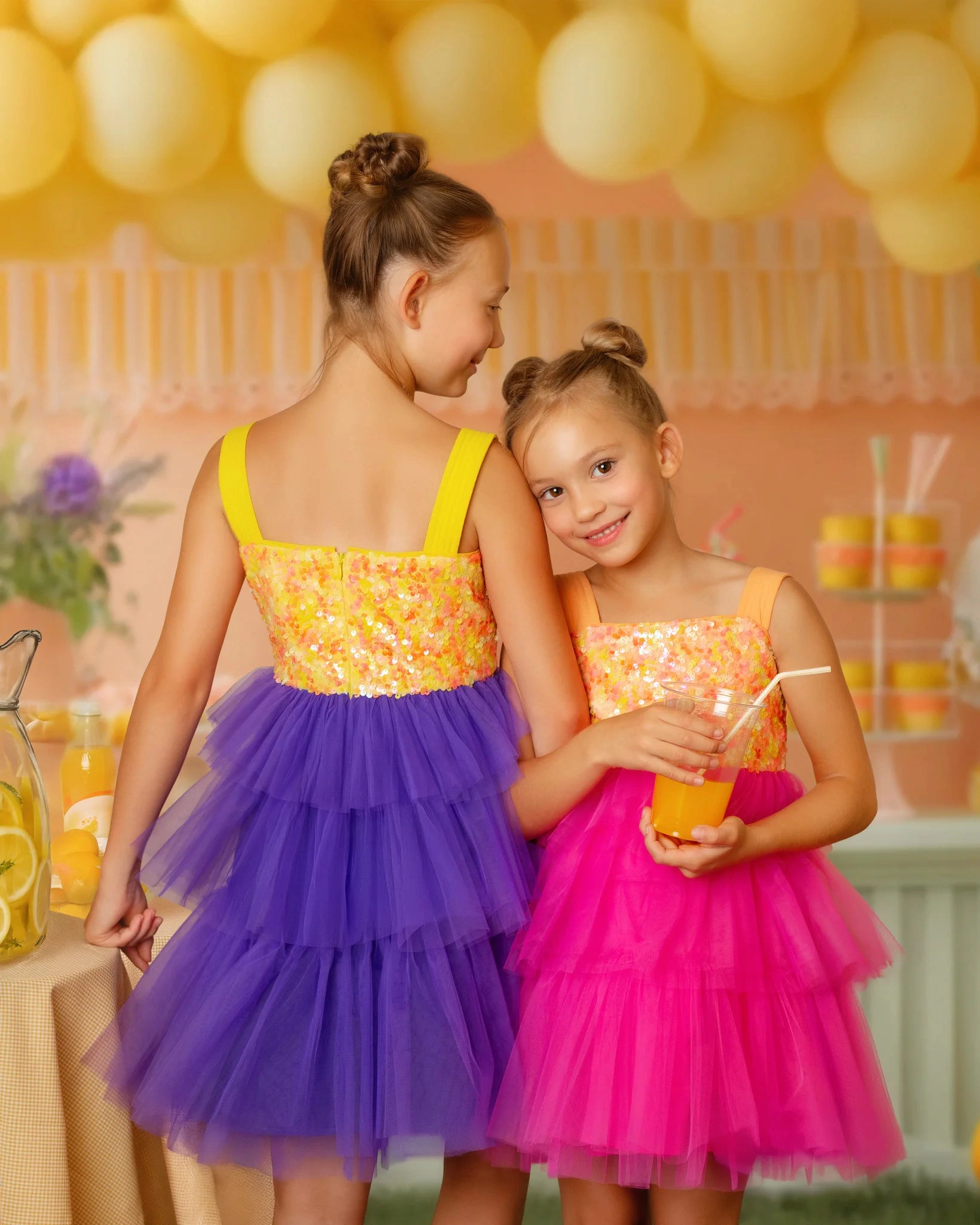 Faeella Girls Pink Lemonade Sequin Tiered Tulle Birthday Dress